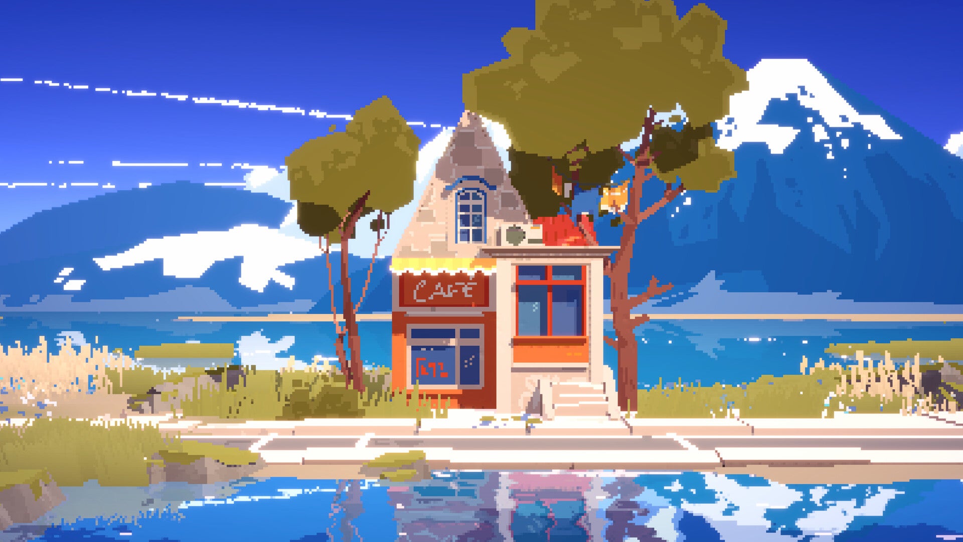 Une carte postale de pixel art montrant un petit café-maison coloré avec de grands arbres à côté, un lac devant et des montagnes imposantes derrière. On peut presque respirer l'air pur de la montagne d'ici.