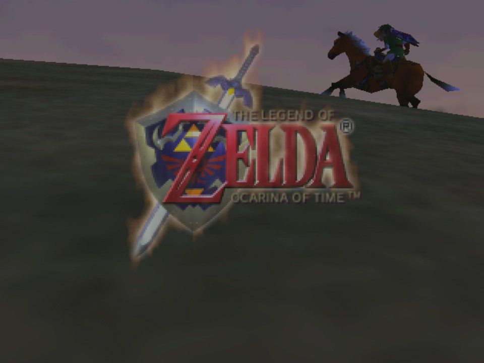 A tela de título de Zelda: Ocarina of Time, mostrando o logotipo do jogo com Link cavalgando seu cavalo em silhueta ao fundo
