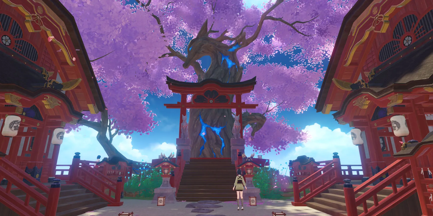 La Sacra Sakura di Inazuma, un albero a forma di volpe, in Genshin Impact.