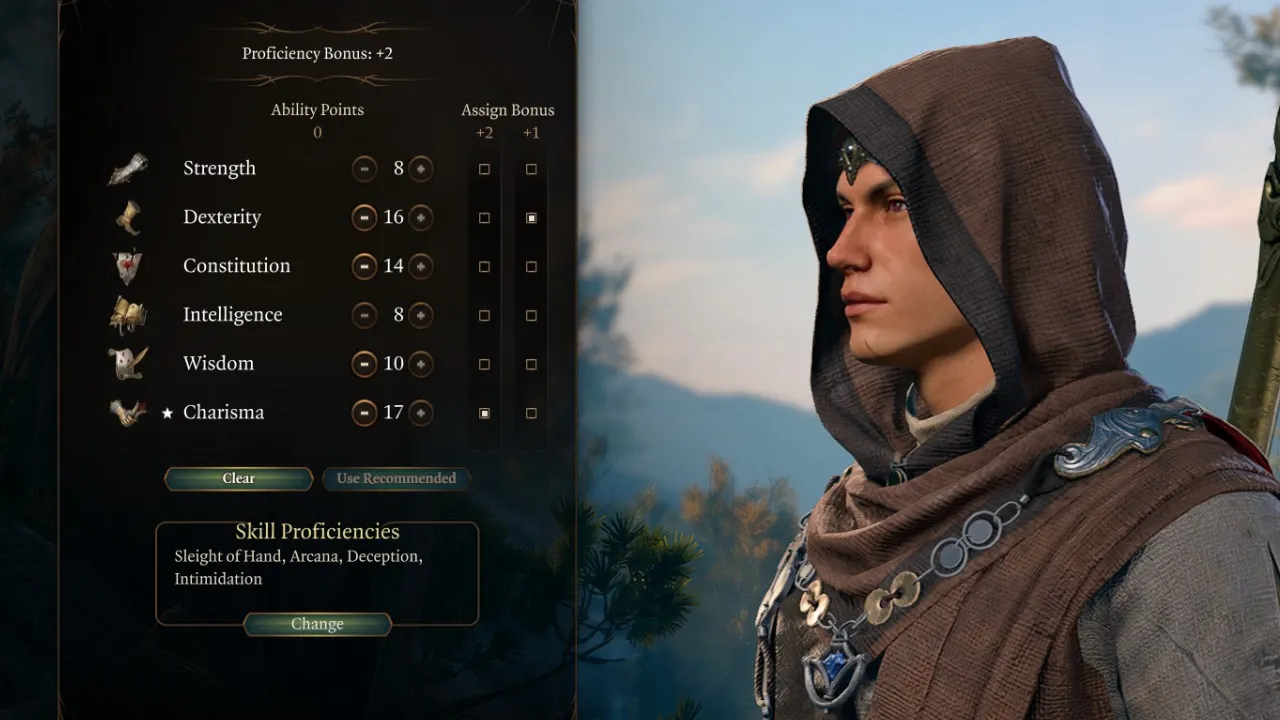 Baldur's Gate 3 un warlock mezzelfo nel menu della distribuzione dei punteggi di abilità
