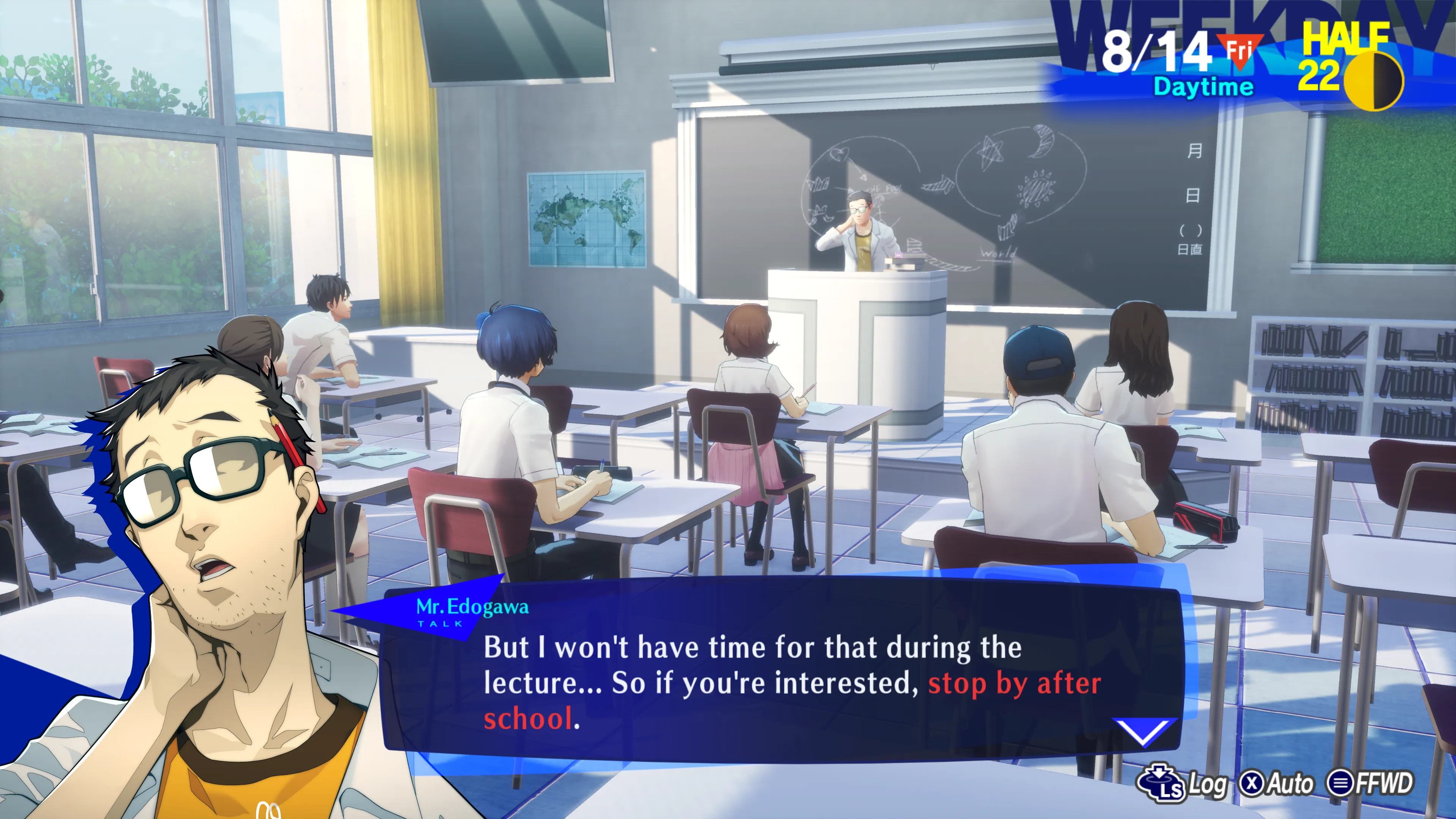 Edogawa in Persona 3 Reload teaching in a classroom