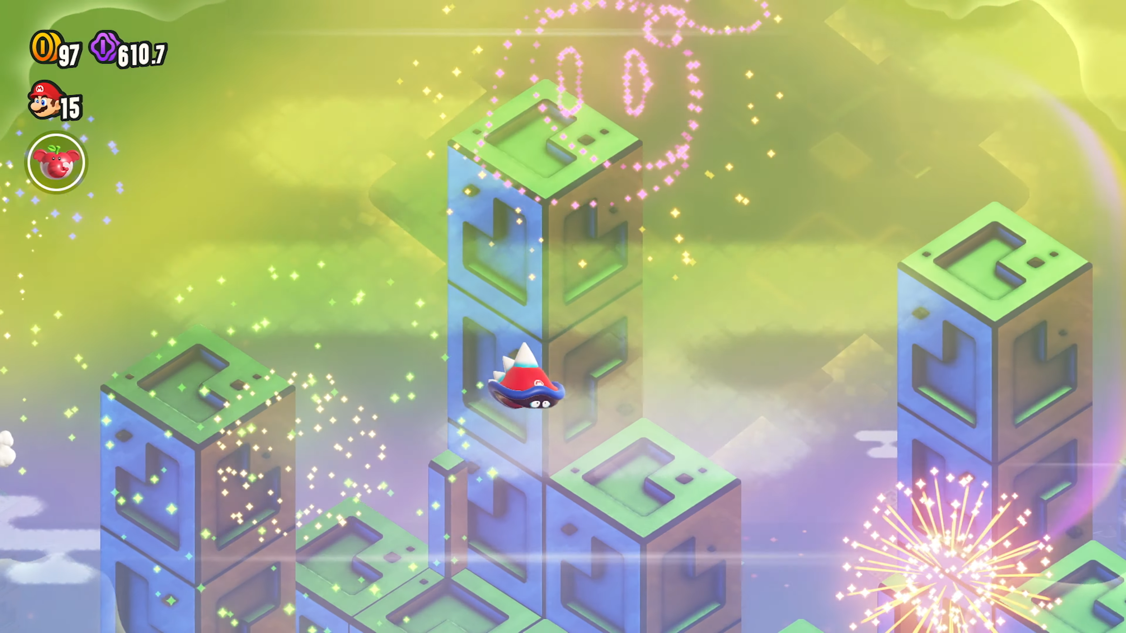 Una schermata di Super Mario Bros. Wonder mostra Mario che si precipita via da un castello di lava visibile sullo sfondo.