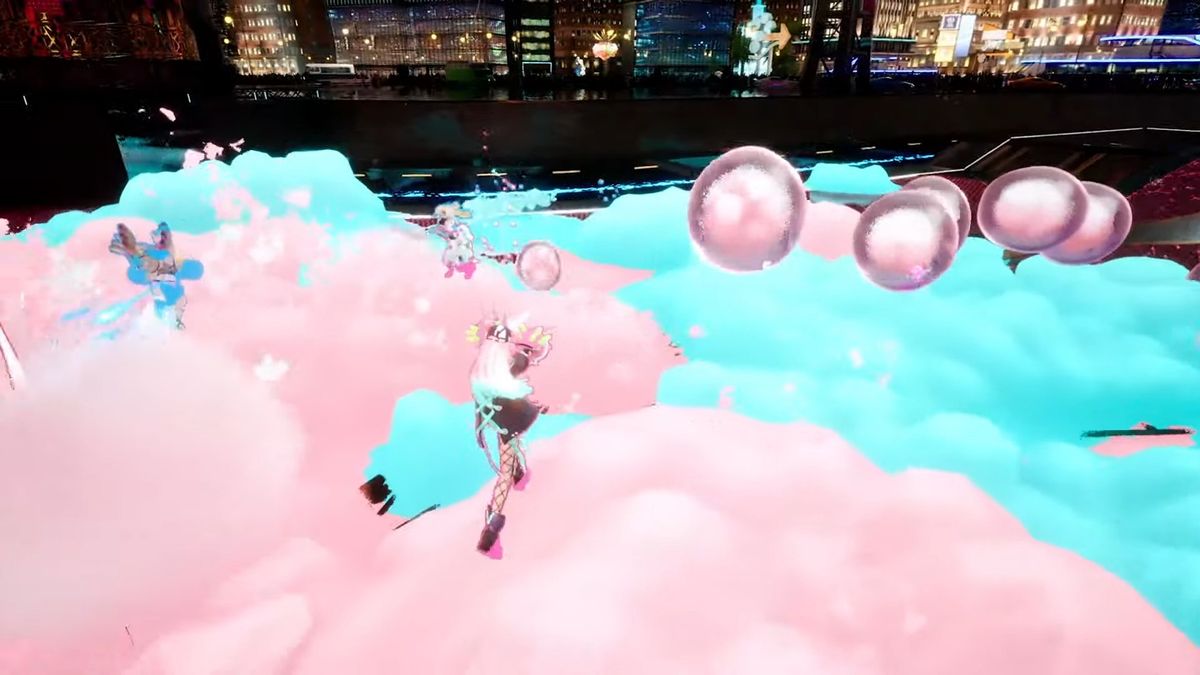 Captura de tela do trailer de Foamstars, apresentando espuma colorida e lutadores.