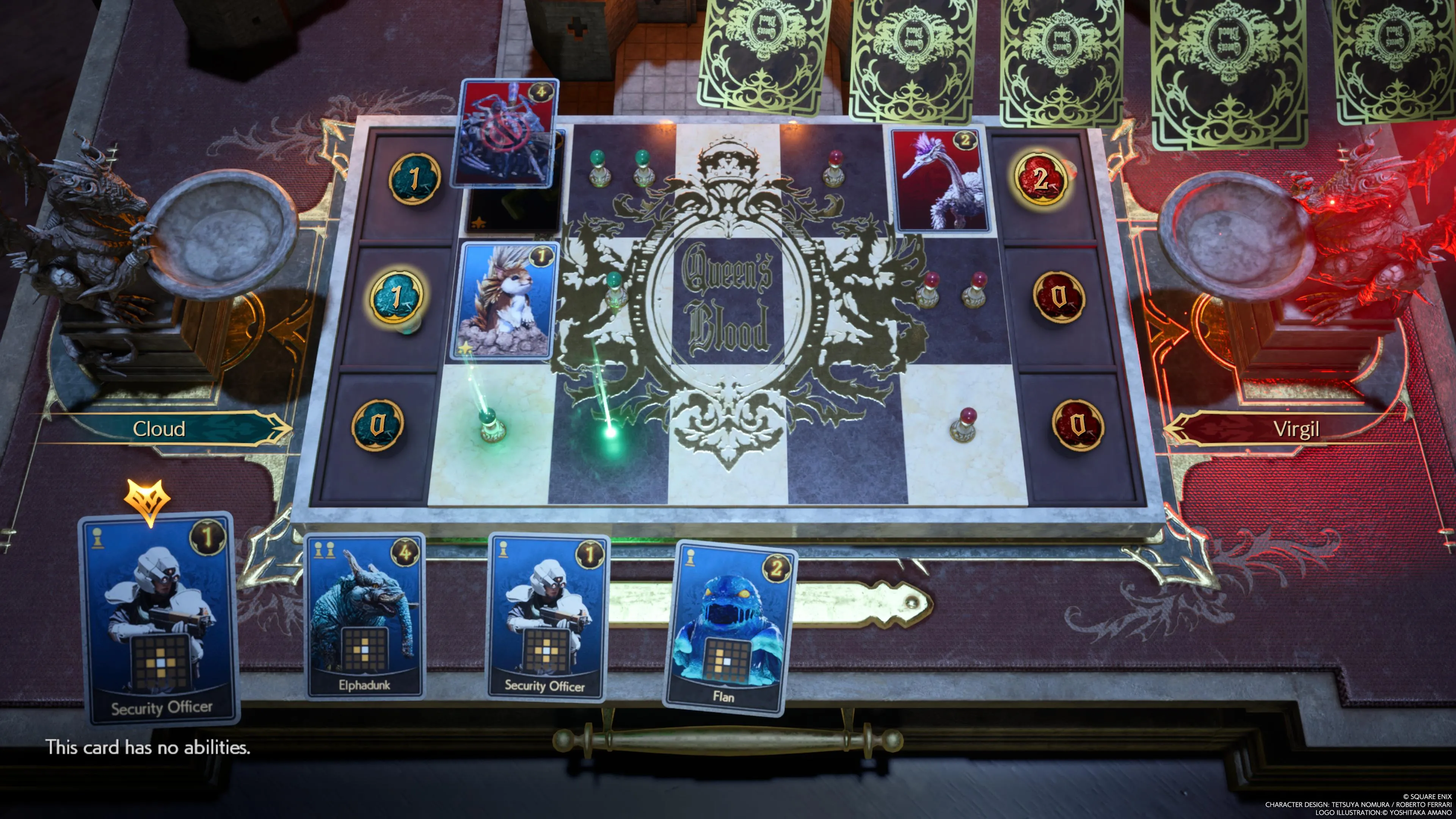 Oficial de seguridad de Shinra y otras cartas iniciales en la mano activa de Queen's Blood del jugador en FF7 Rebirth