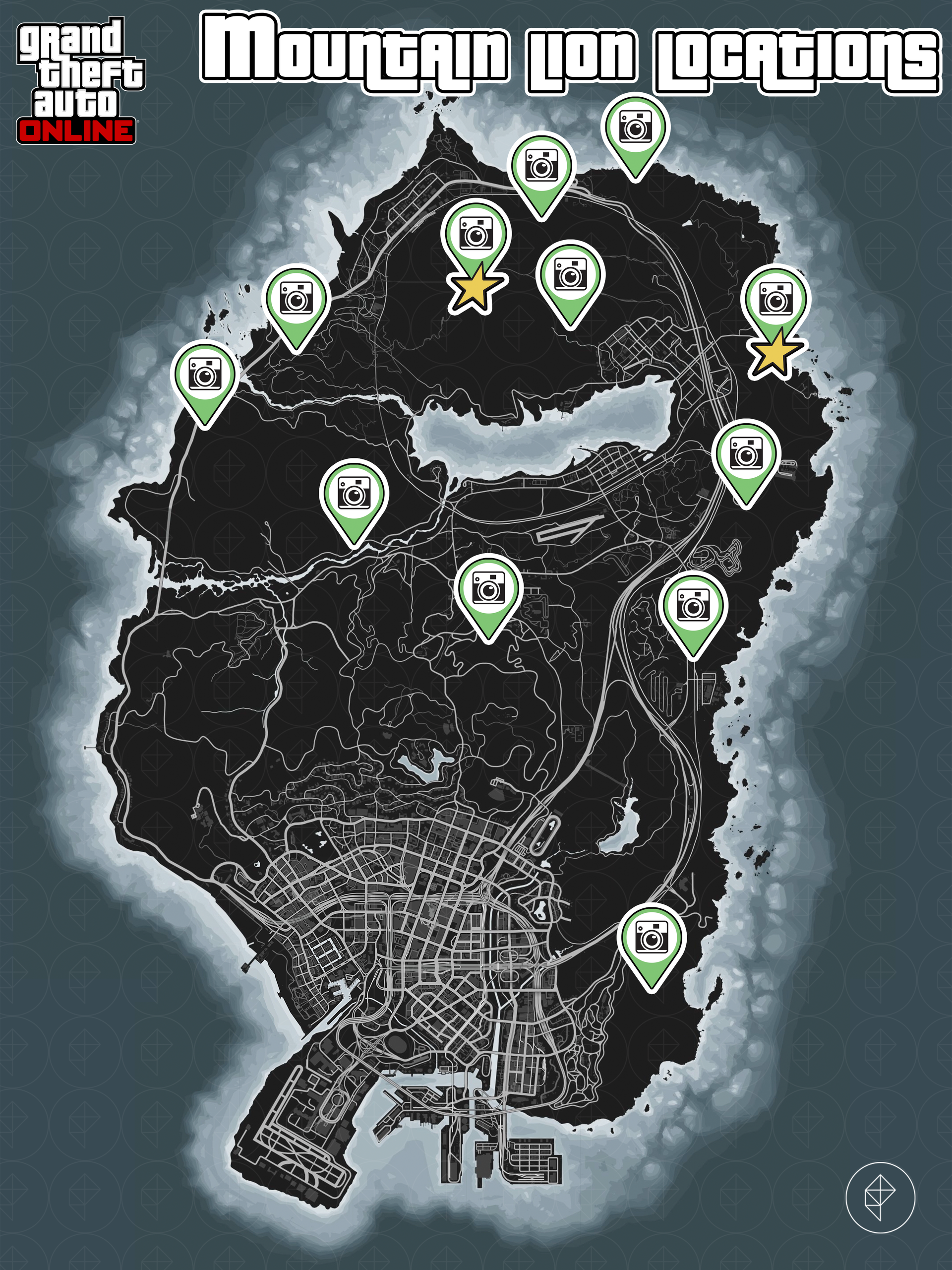 Carte de GTA Online montrant les emplacements des lions de montagne