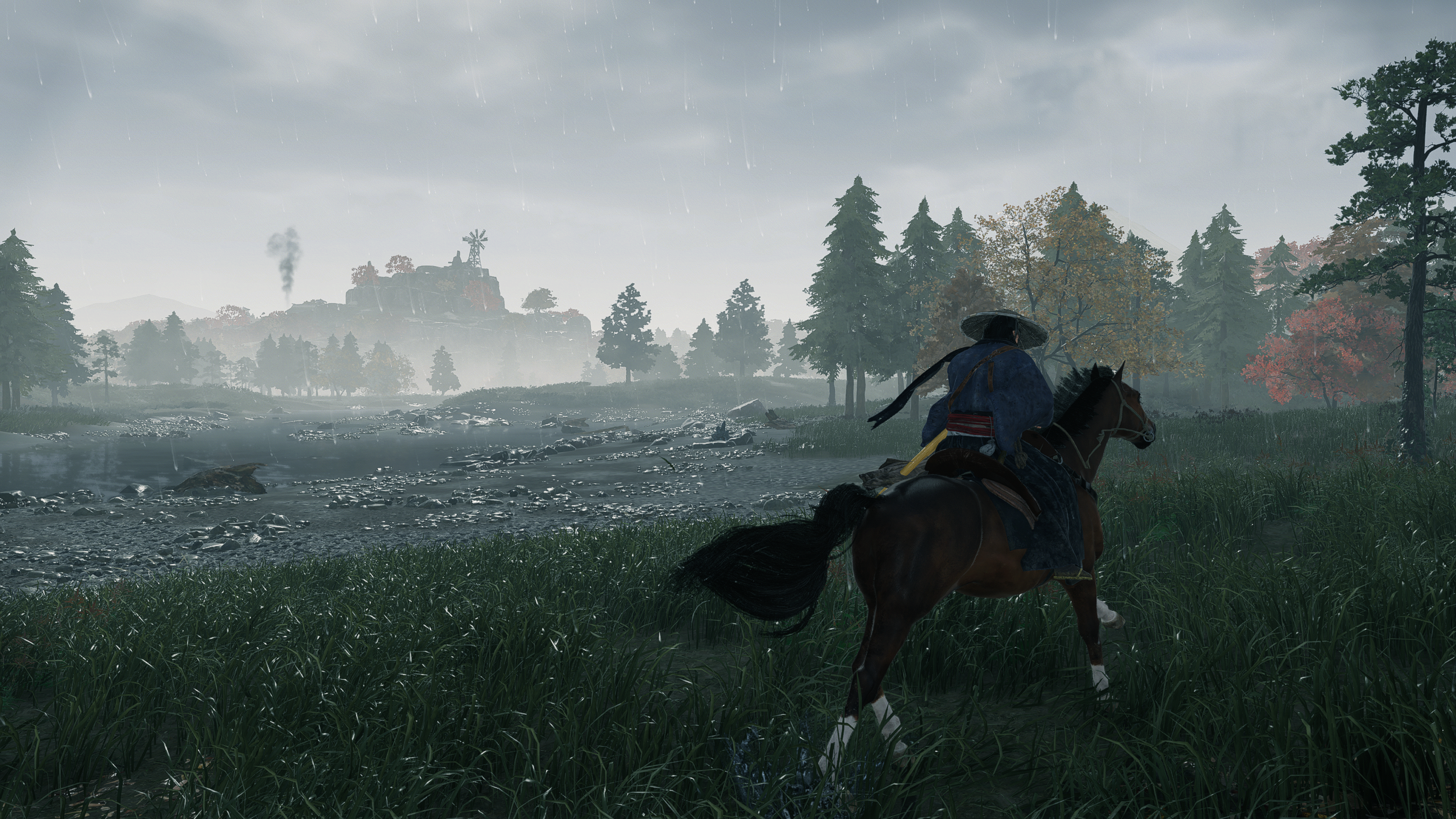 Capture d'écran officielle de Rise of the Ronin montrant le joueur chevauchant un cheval vers la droite dans une campagne japonaise balayée