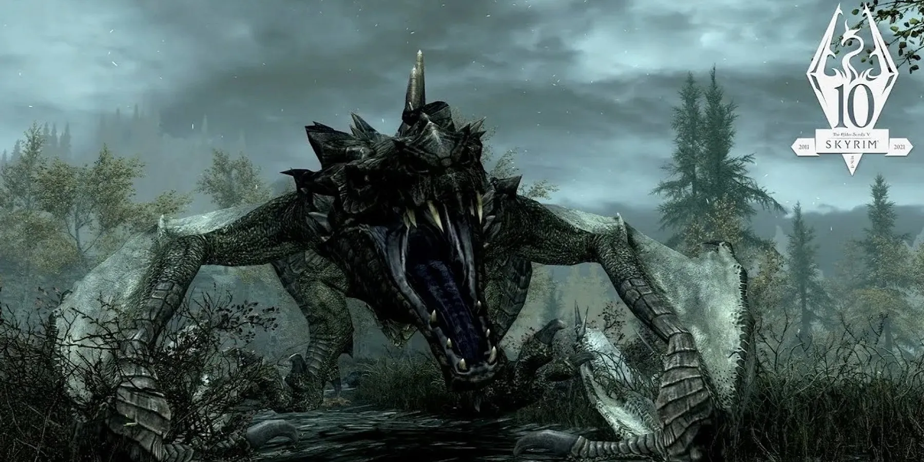 Un'immagine di The Elder Scrolls 5: Skyrim con un drago che ruggisce a terra