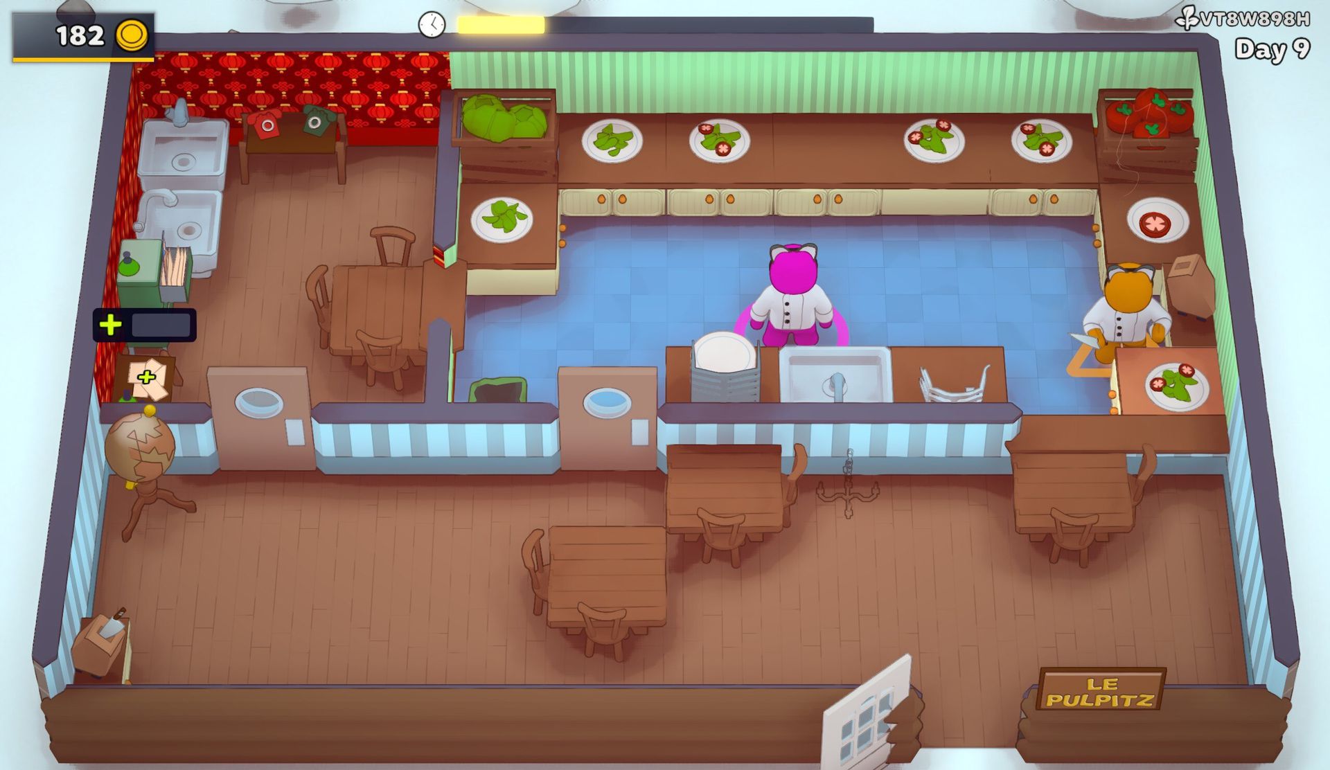 Deux employés de restaurant avec des oreilles de chat se préparent dans leur restaurant dans PlateUp!