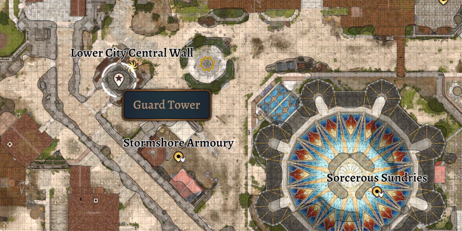 显示下城中央墙快速旅行点附近中央警卫塔位置的地图