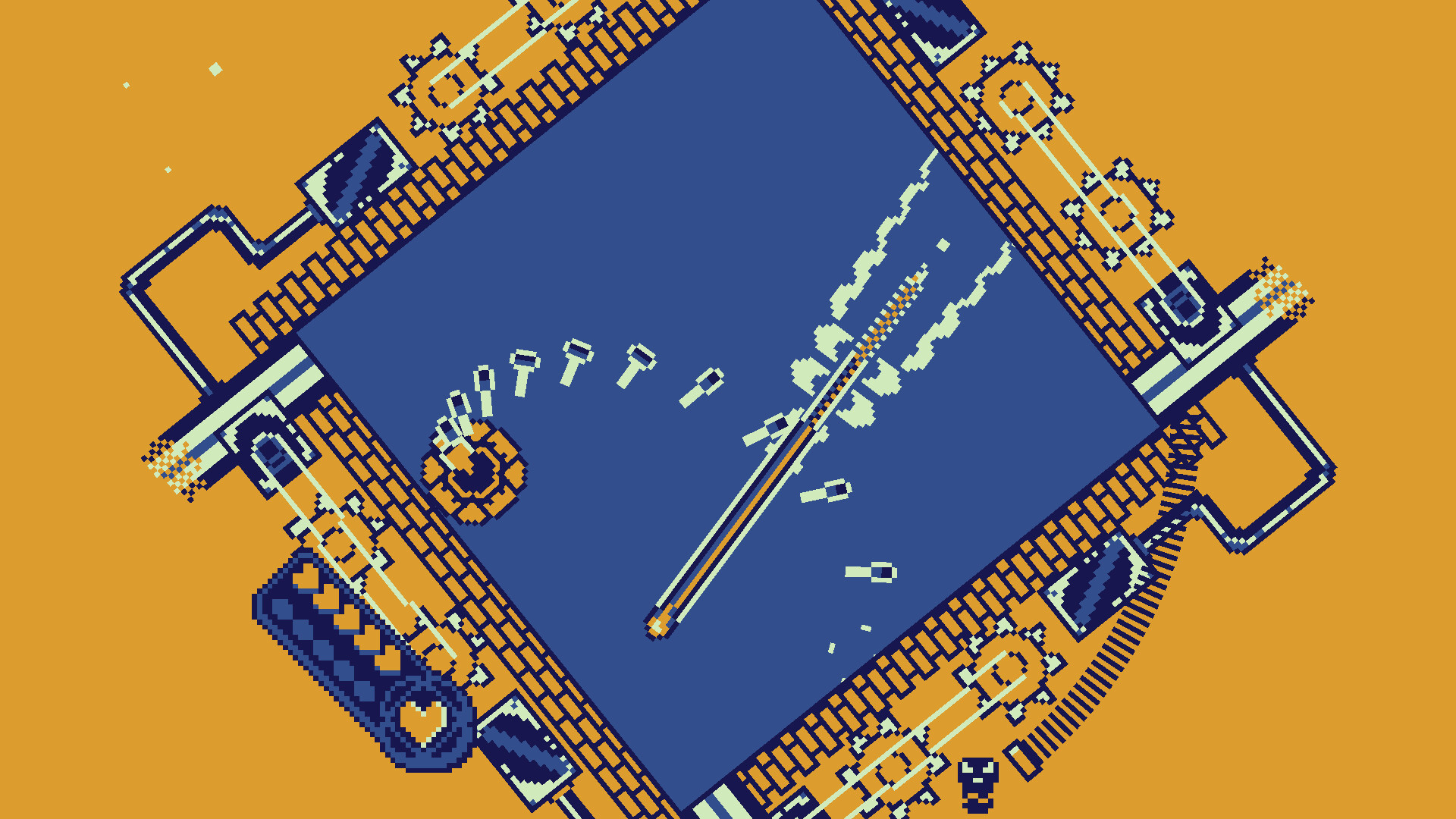 Screenshot della recensione di Roto Force - un quadrato blu ti contiene insieme ai tuoi missili, di fronte a uno sfondo giallo senape