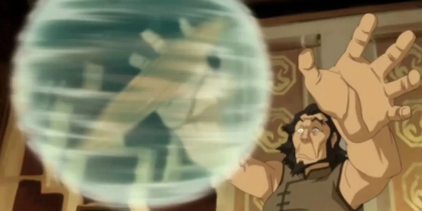 Буми впервые использует воздушную магию, чтобы остановить тарелку в Легенде о Корре