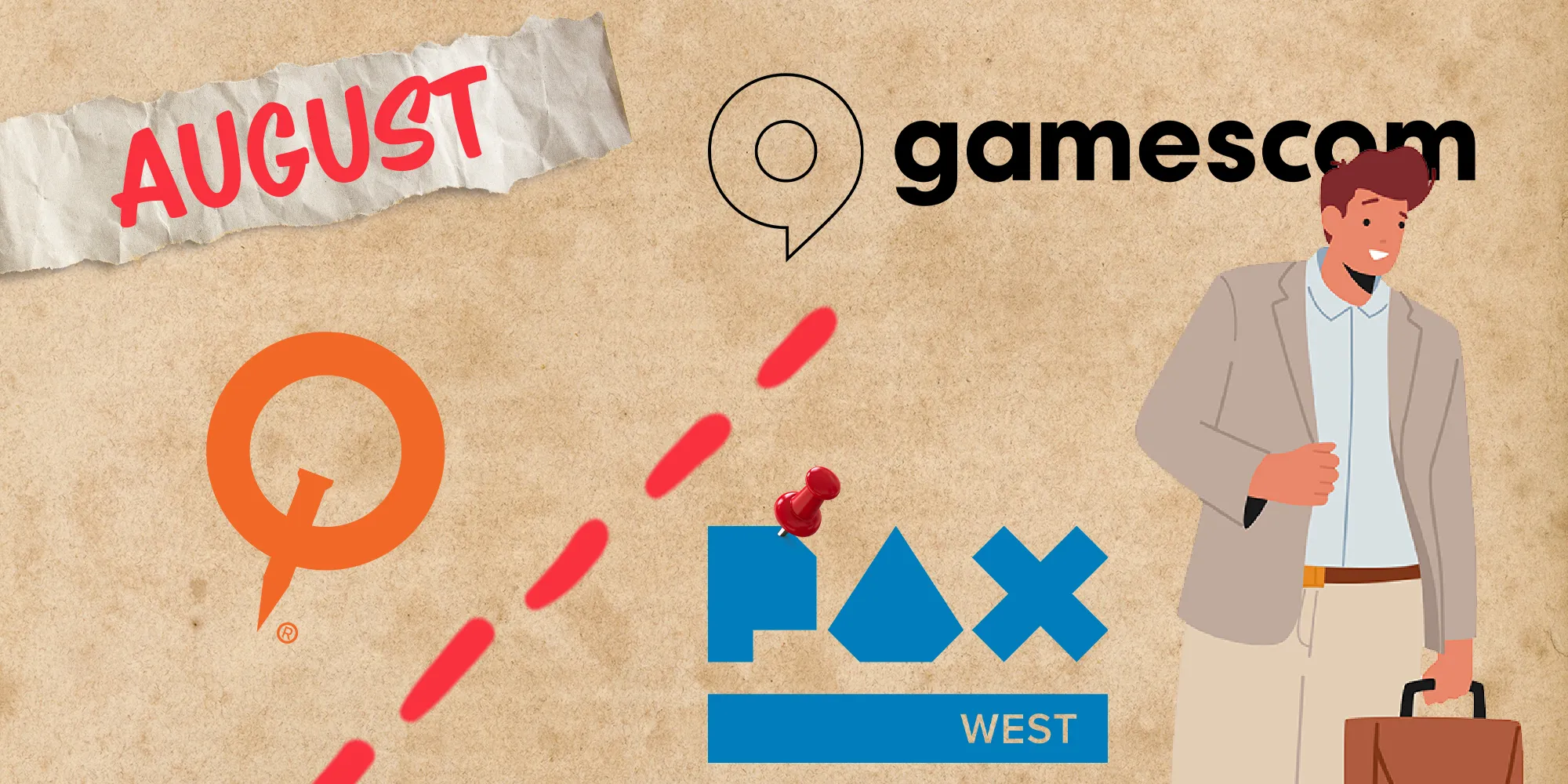 トラベラーがPax West、QuakeCon、Gamescomの前で地図の前にいます。左上には8月が表示されています。