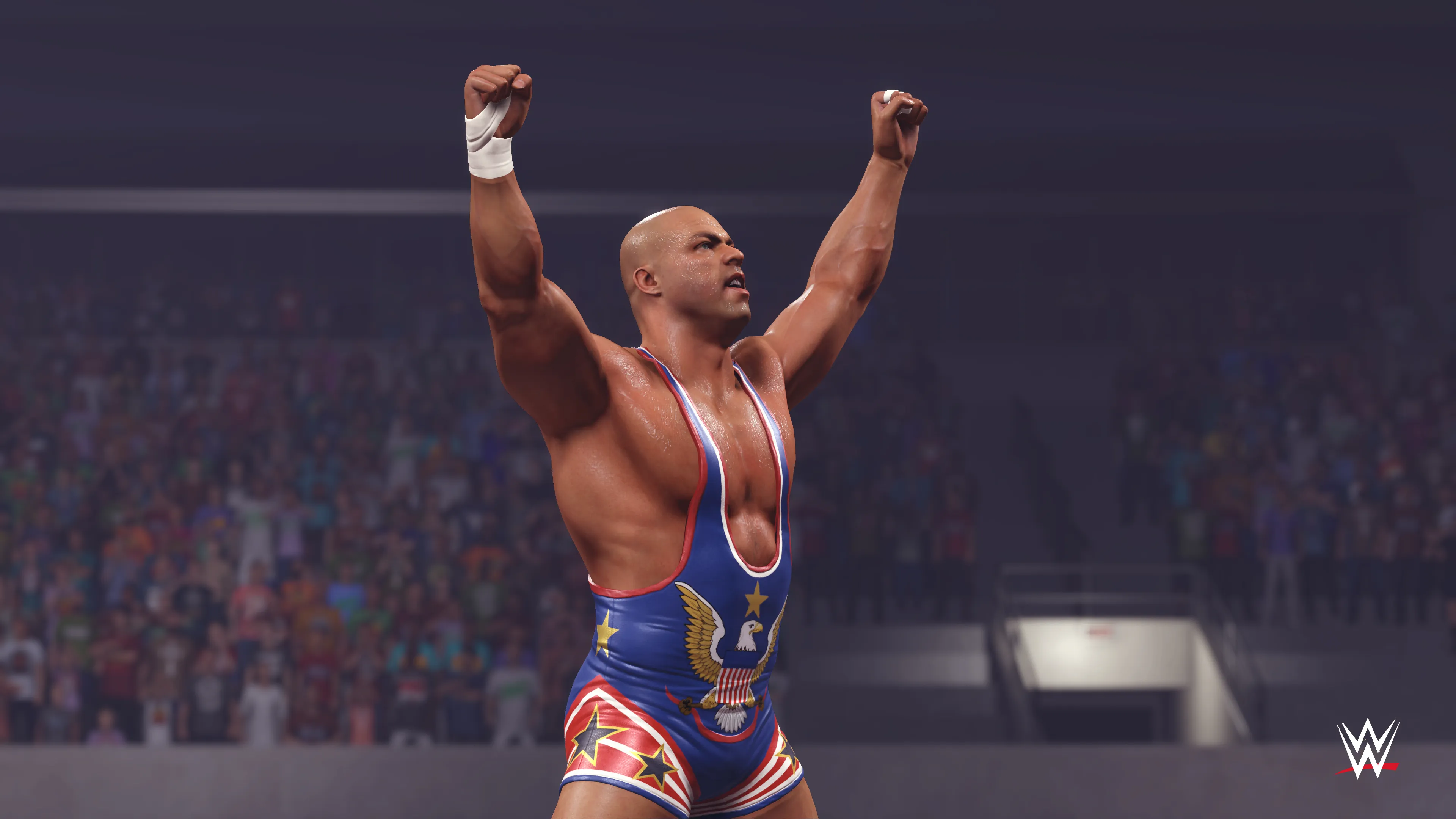 Kurt Angle celebra su victoria en WrestleMania 21 sobre Shawn Michaels