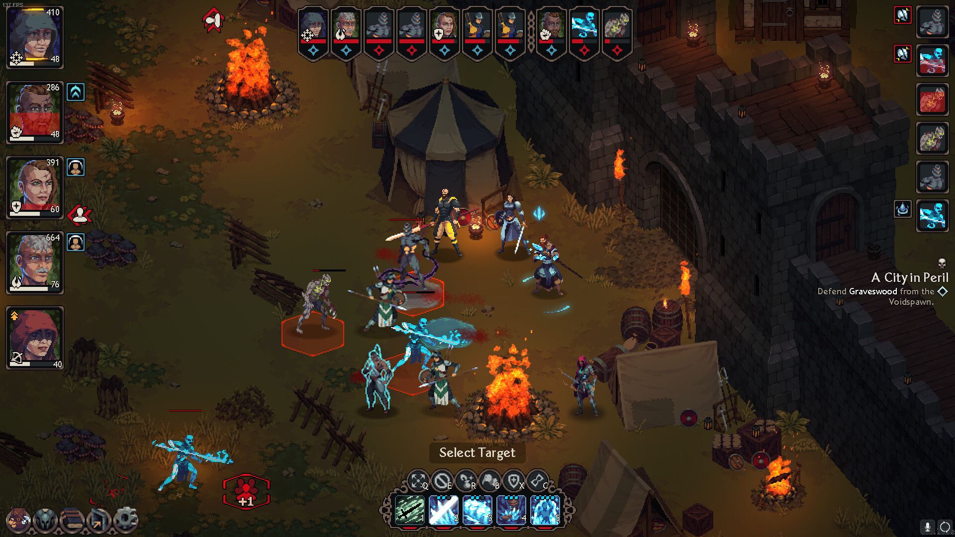 Image: Les héros se battent contre des spectres bleus dans une caverne souterraine, avec des éclats de magma entourant la bataille, dans The Iron Oath.