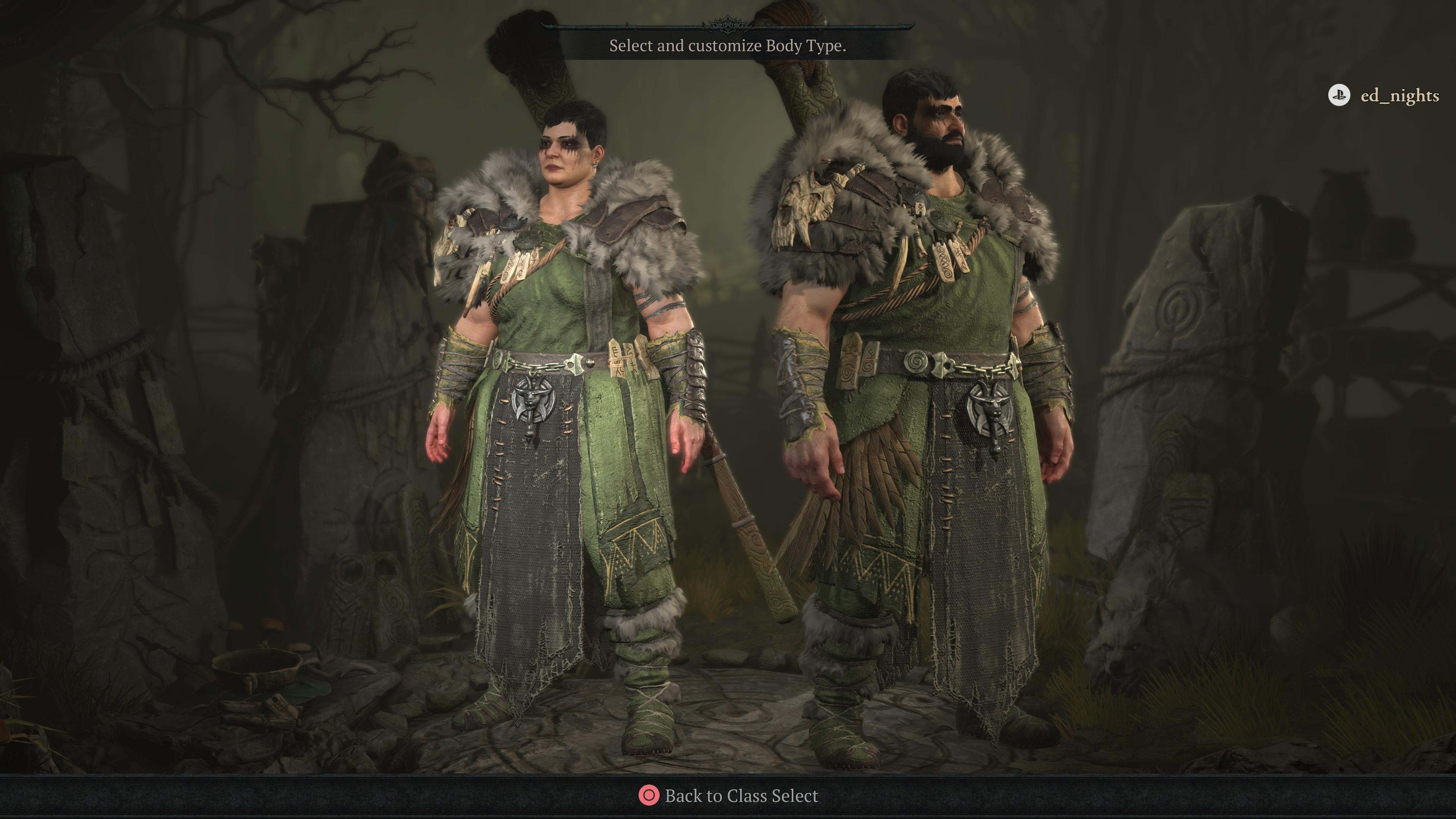 Druid 클래스를 보여주는 Diablo 4 캐릭터 생성기의 두 가지 몸매 유형