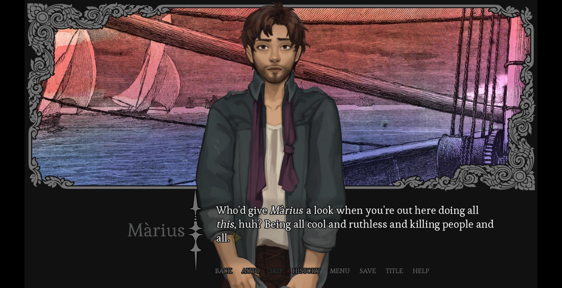 Scena del viaggio in mare tratta dal romanzo visuale fantasy Amarantus, in cui Màrius si lamenta che tu, Arik, stai ostacolando involontariamente i suoi progressi romantici su un altro personaggio.