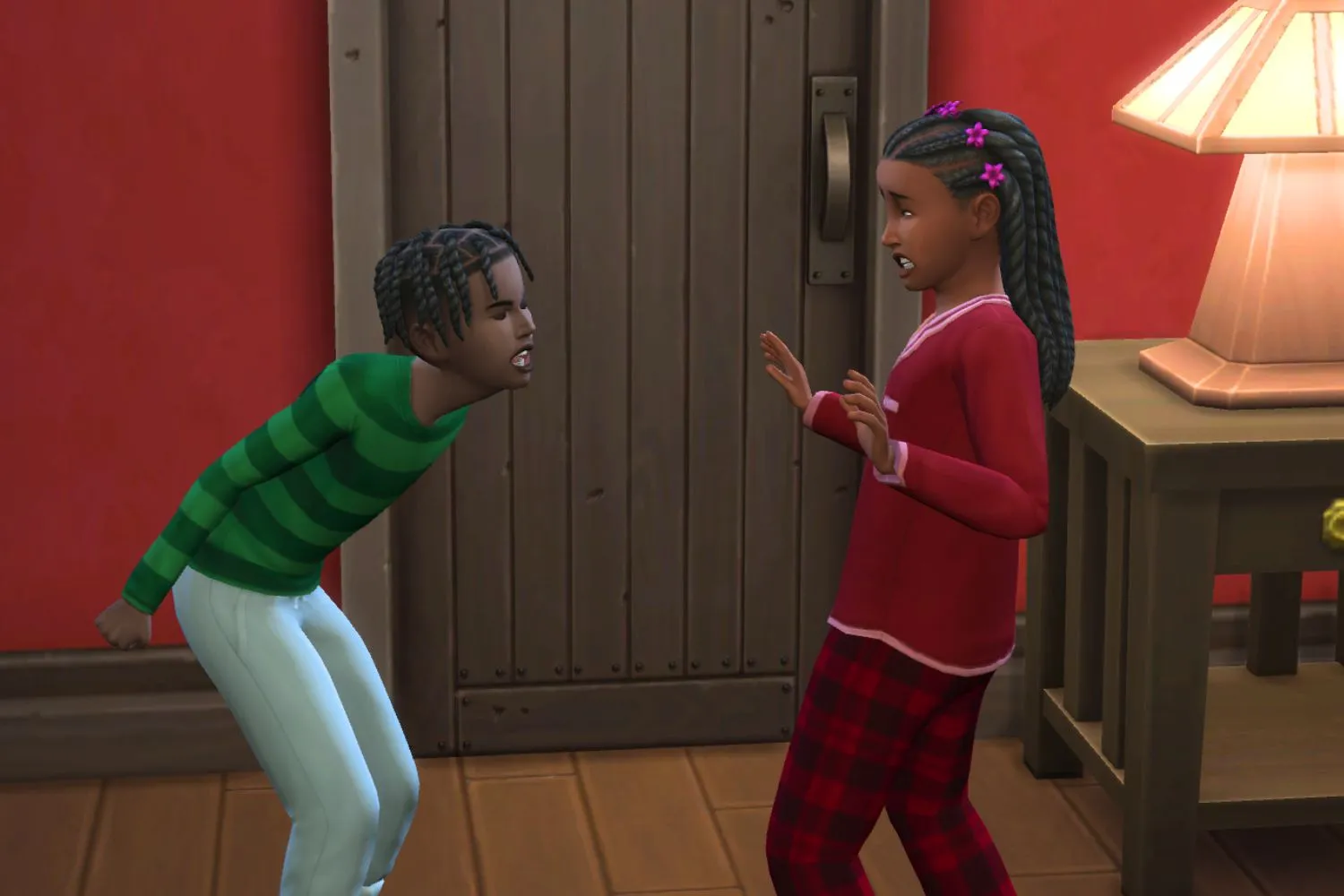 Dois Sims crianças gritando e brigando um com o outro
