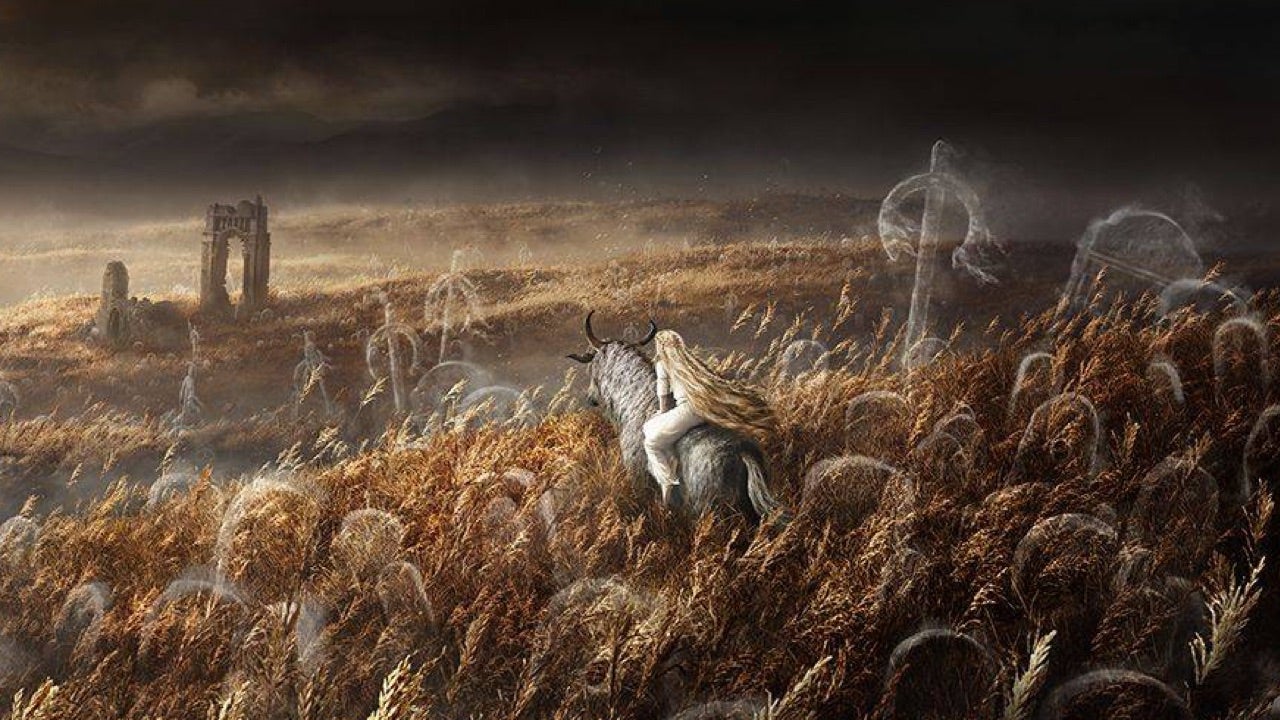 Art promotionnel sombre pour l'extension Shadow of the Erdtree d'Elden Ring, montrant apparemment Miquella chevauchant à travers des champs de blé sur le dos de Torrent.