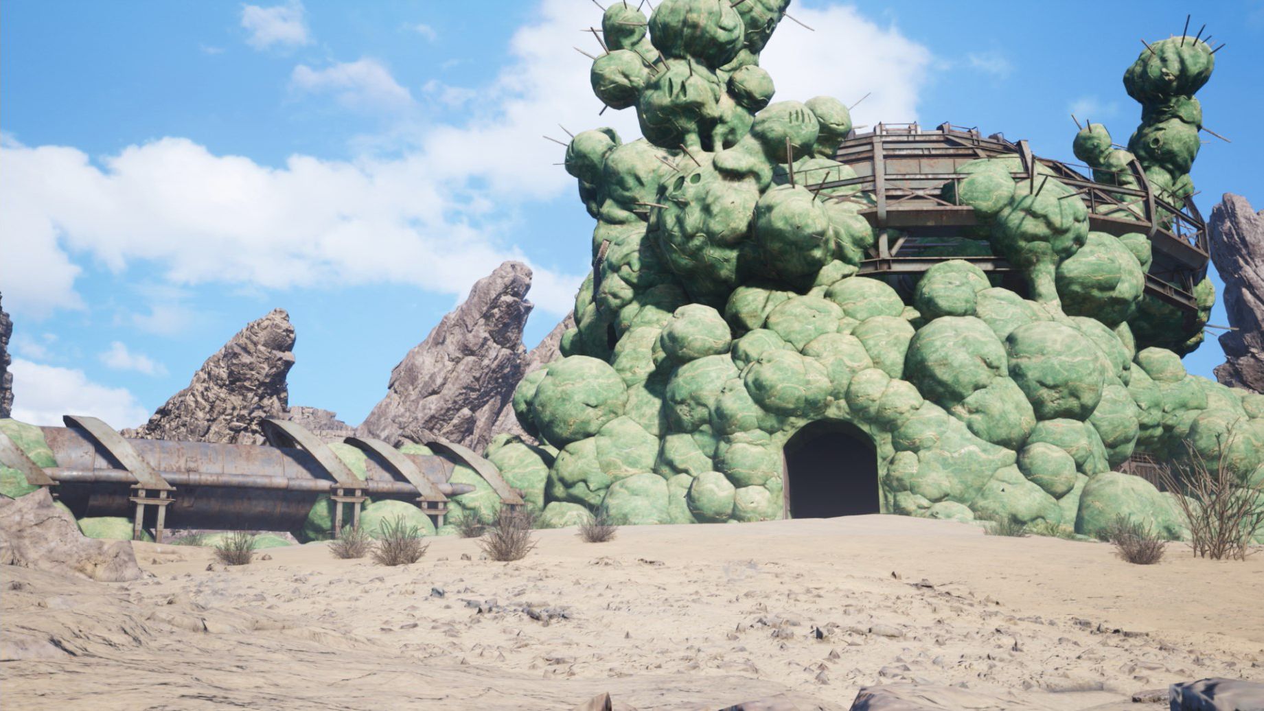 Un área de Protorelics en Costa del Sol del Renacimiento de Final Fantasy 7, tomando la forma de un reactor cubierto de cactus
