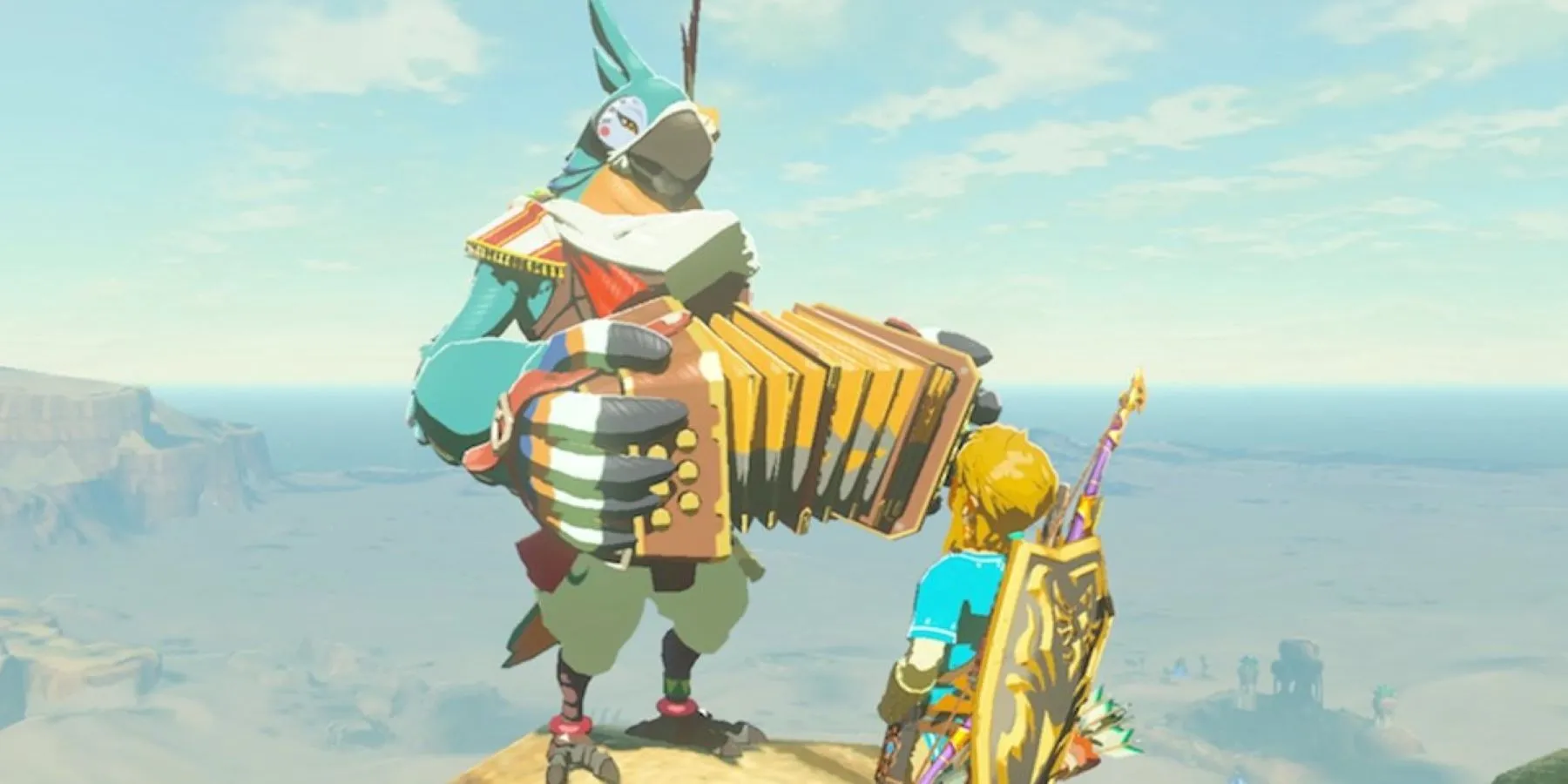 Kass and Link speaking on a mountain over the Gerudo Desert in The Legend of Zelda: Breath of the Wild