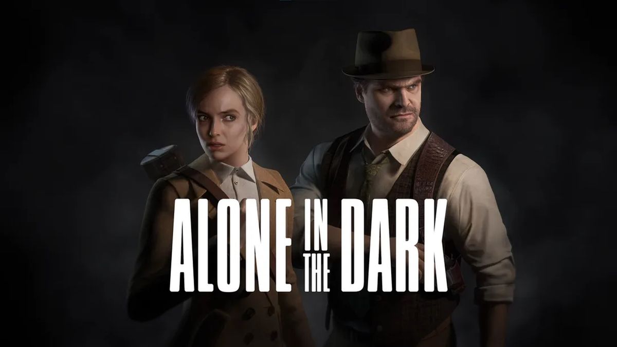 ゲームロゴがあり、Jodie ComerとDavid Harbourが描かれたAlone in the Darkのキーアート。黒い背景に