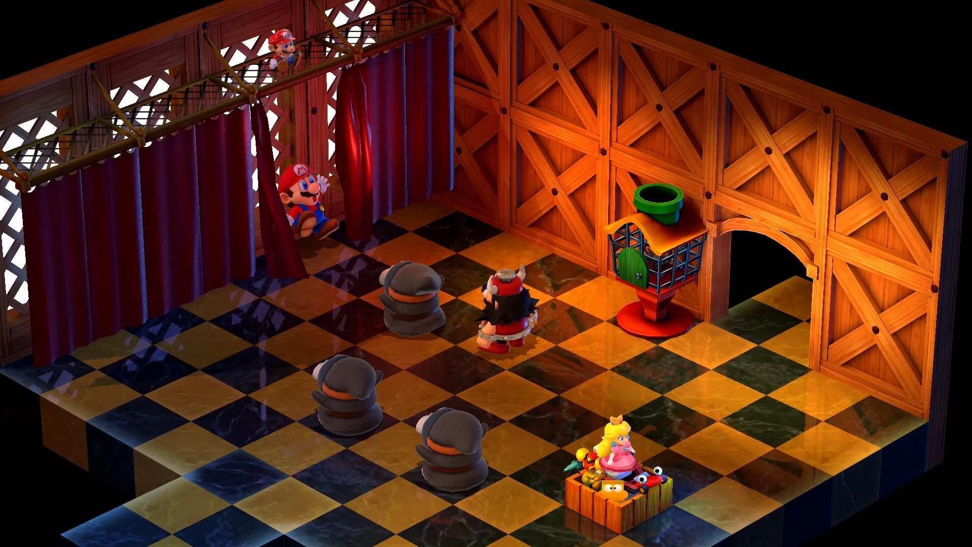 Un personnage portant un chapeau de Viking et trois sbires découvrent Mario derrière un rideau dans une pièce contenant plusieurs jouets de personnages de Mario dans Super Mario RPG