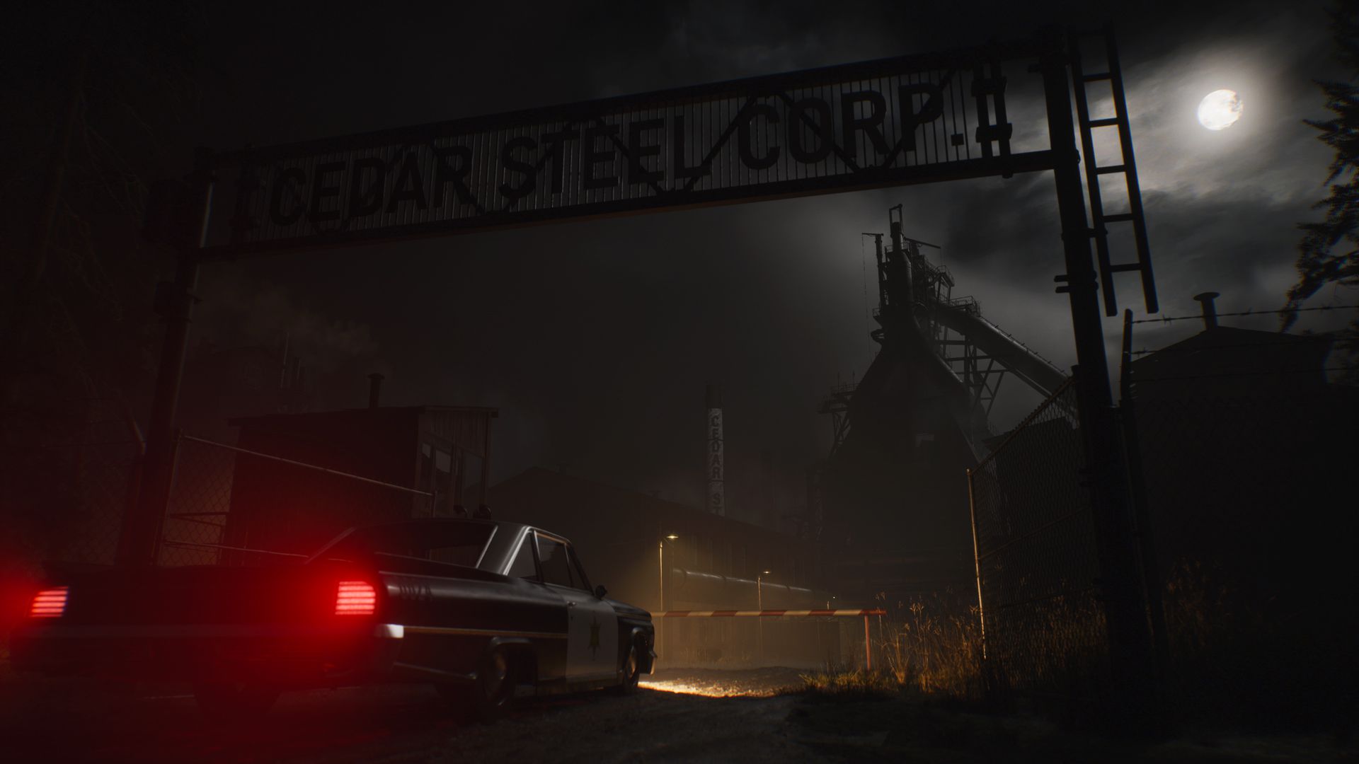Автомобиль простаивает перед зданием Cedar Steel Corp. на изображении из игры The Casting of Frank Stone