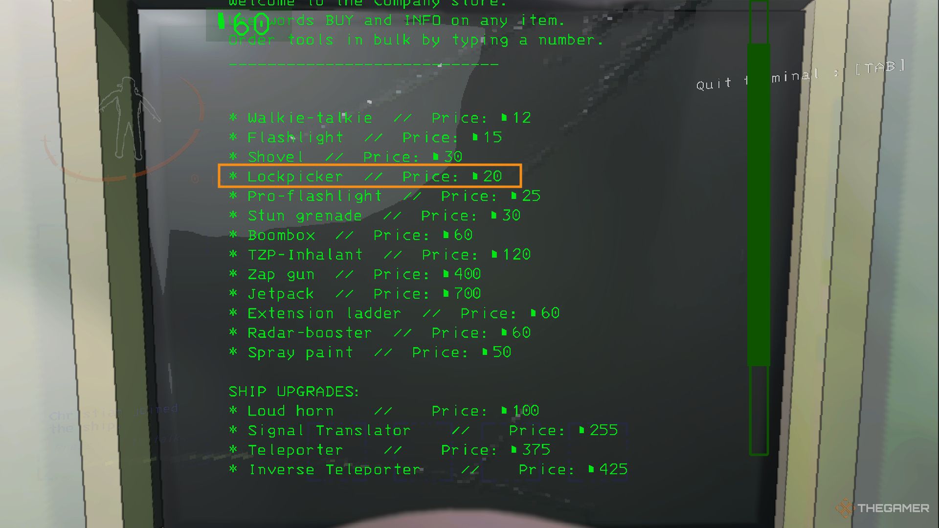 Une capture d'écran de Lethal Company montrant la boutique intégrée dans le Terminal, avec l'élément Lockpicker mis en évidence dans une boîte orange pour un prix de 20 crédits.