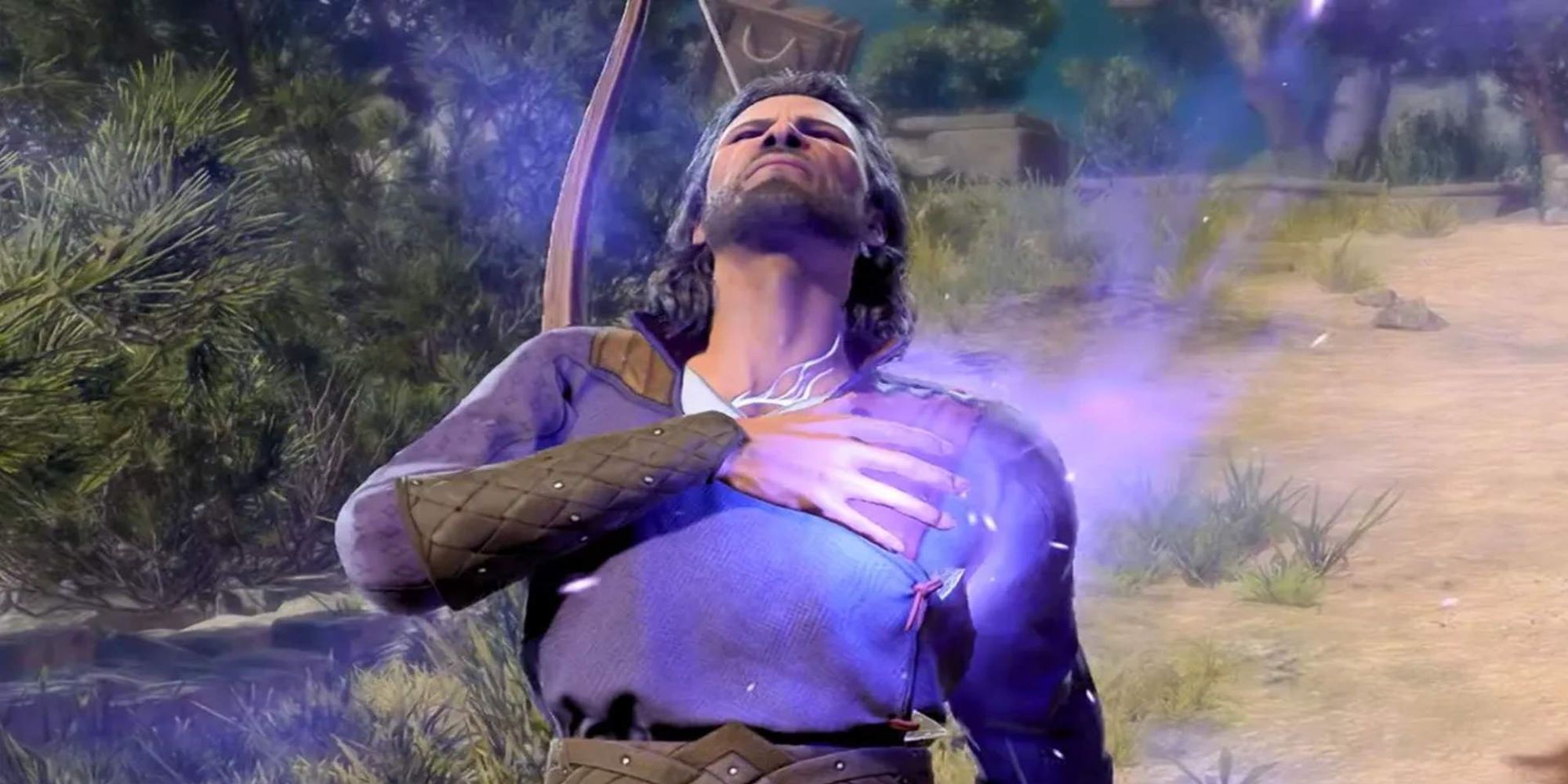 Gale de Baldur's Gate 3 con la mano en el pecho, claramente con dolor. Está brillando de color púrpura