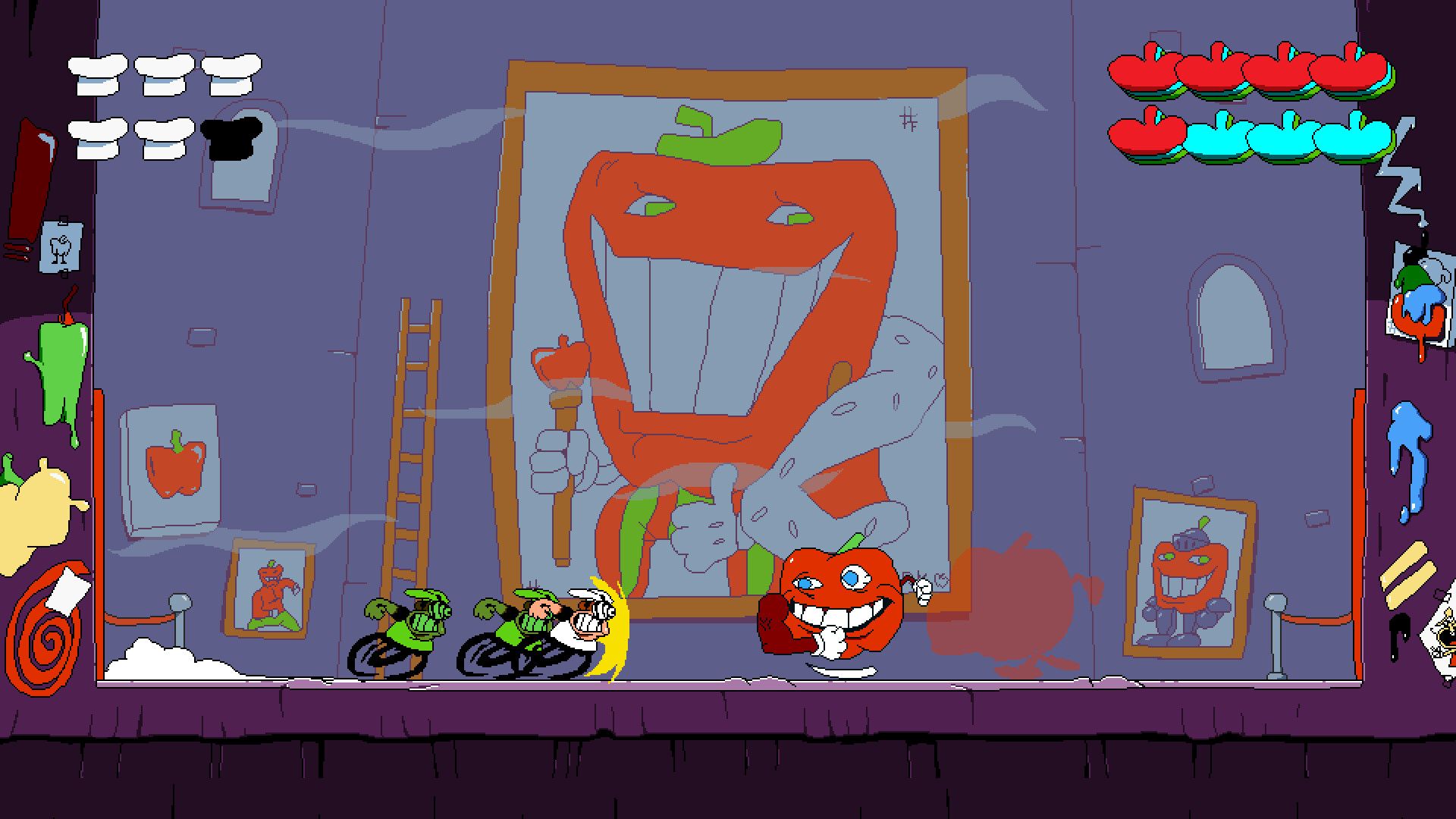 Peppino Spaghetti se lanza contra un jefe de tomate en una captura de pantalla de Pizza Tower