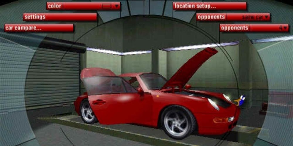 Una macchina rossa viene mostrata con diverse opzioni di personalizzazione in Need For Speed Porsche Unleashed