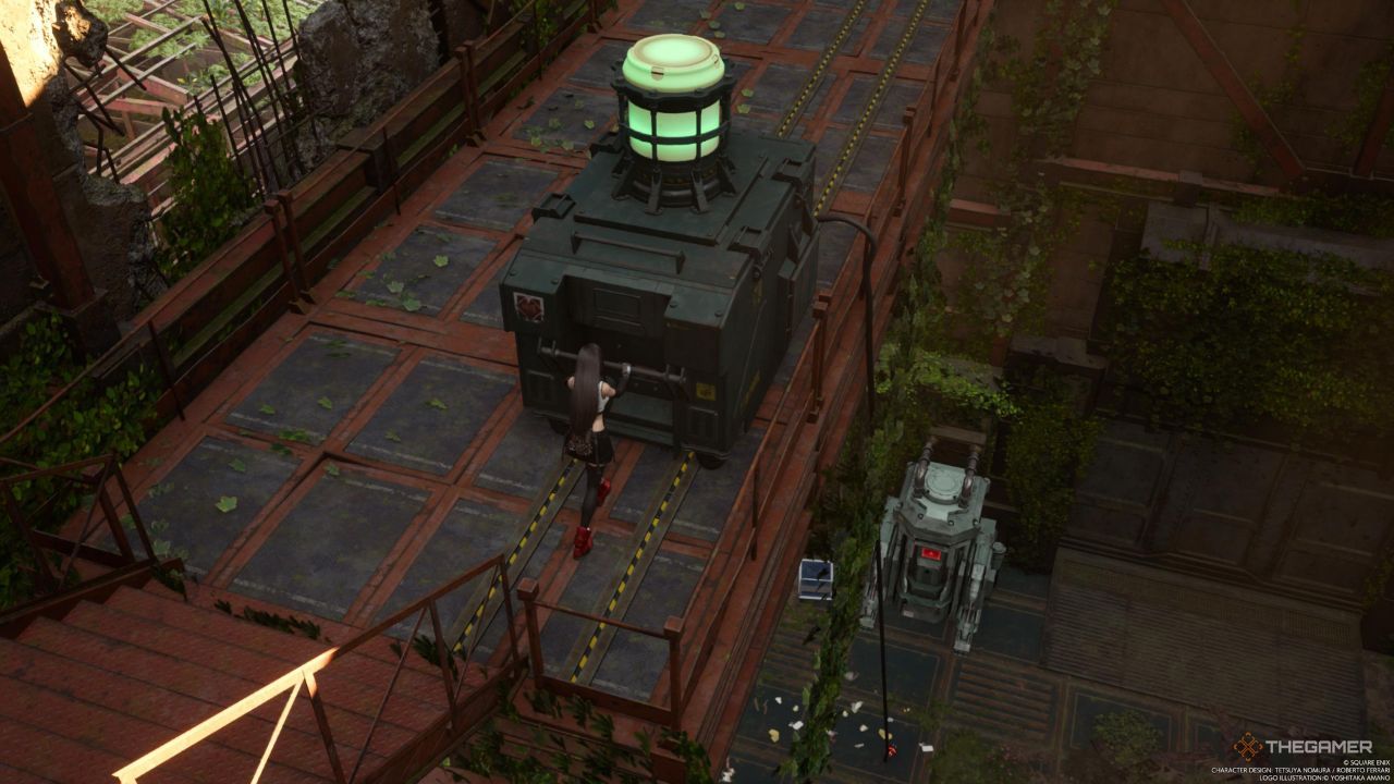 A player moving a cart connected to a power plug in Final Fantasy 7 Rebirth.