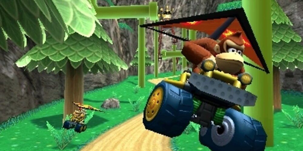 Donkey Kong gliding in the air in Mario Kart