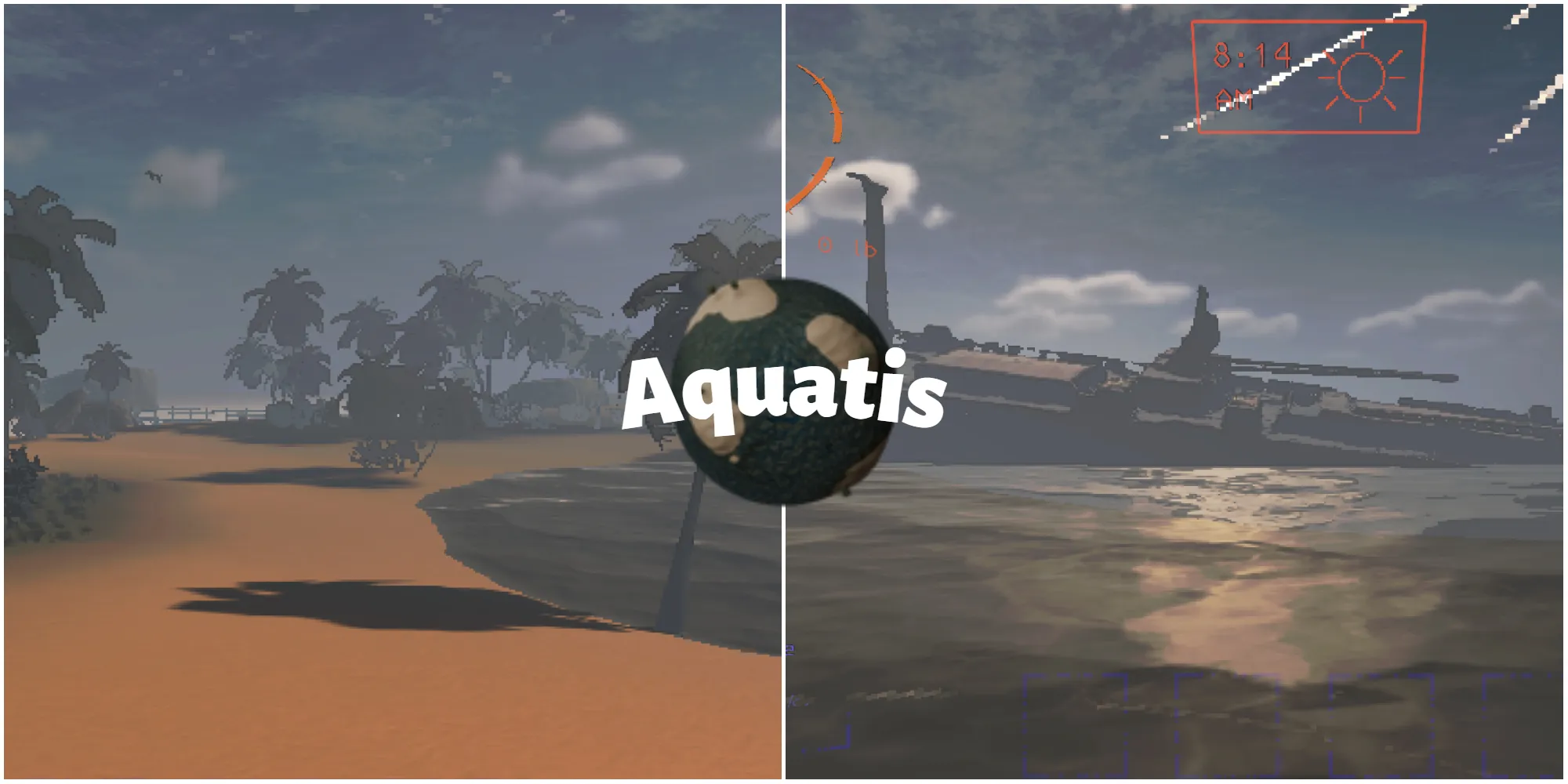 Aquatis modded 月球的截图，展示了一个沙滩世界和一艘搁浅的船