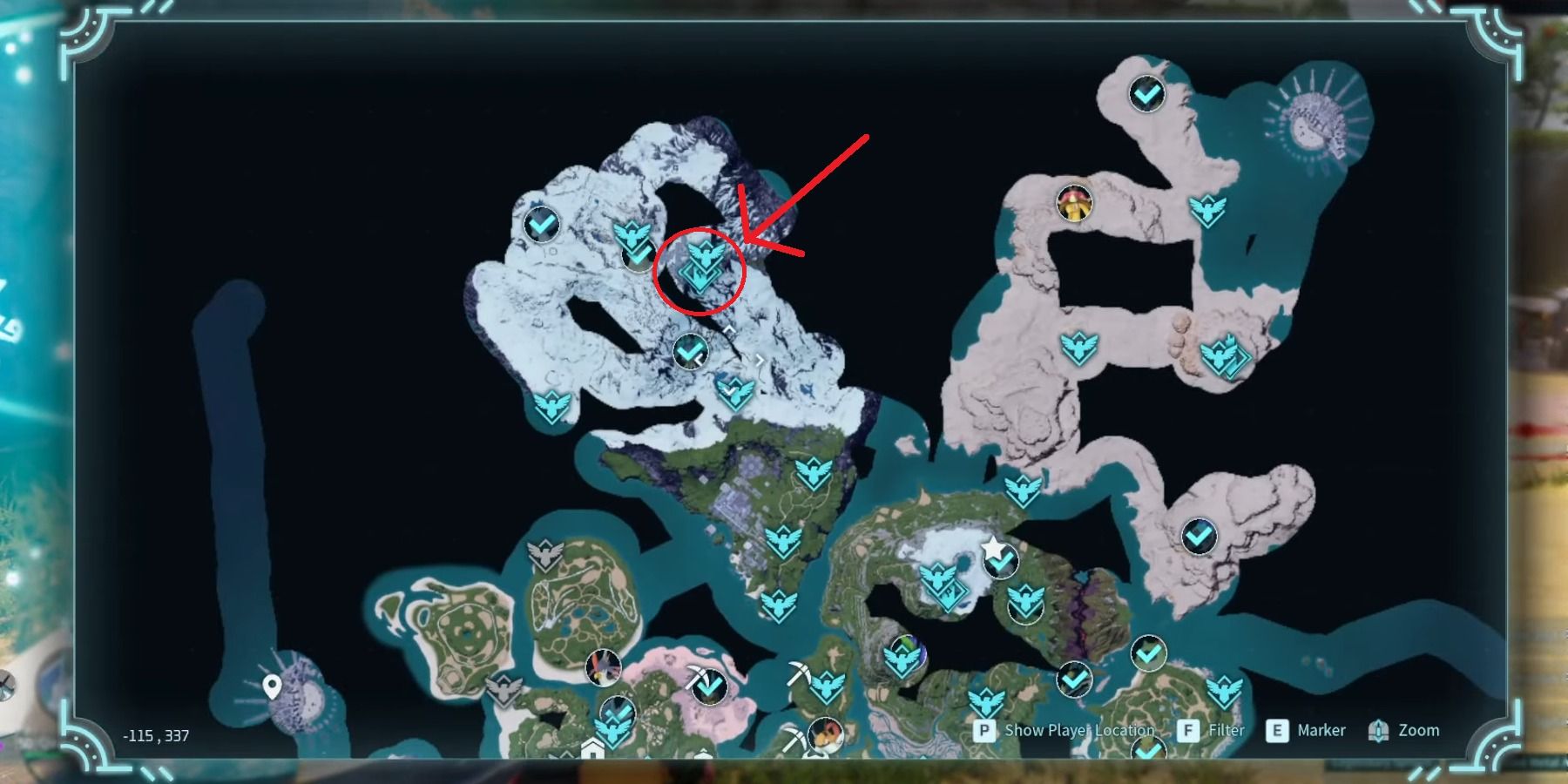emplacement de Victor et Shadowbeak dans la carte de Palworld