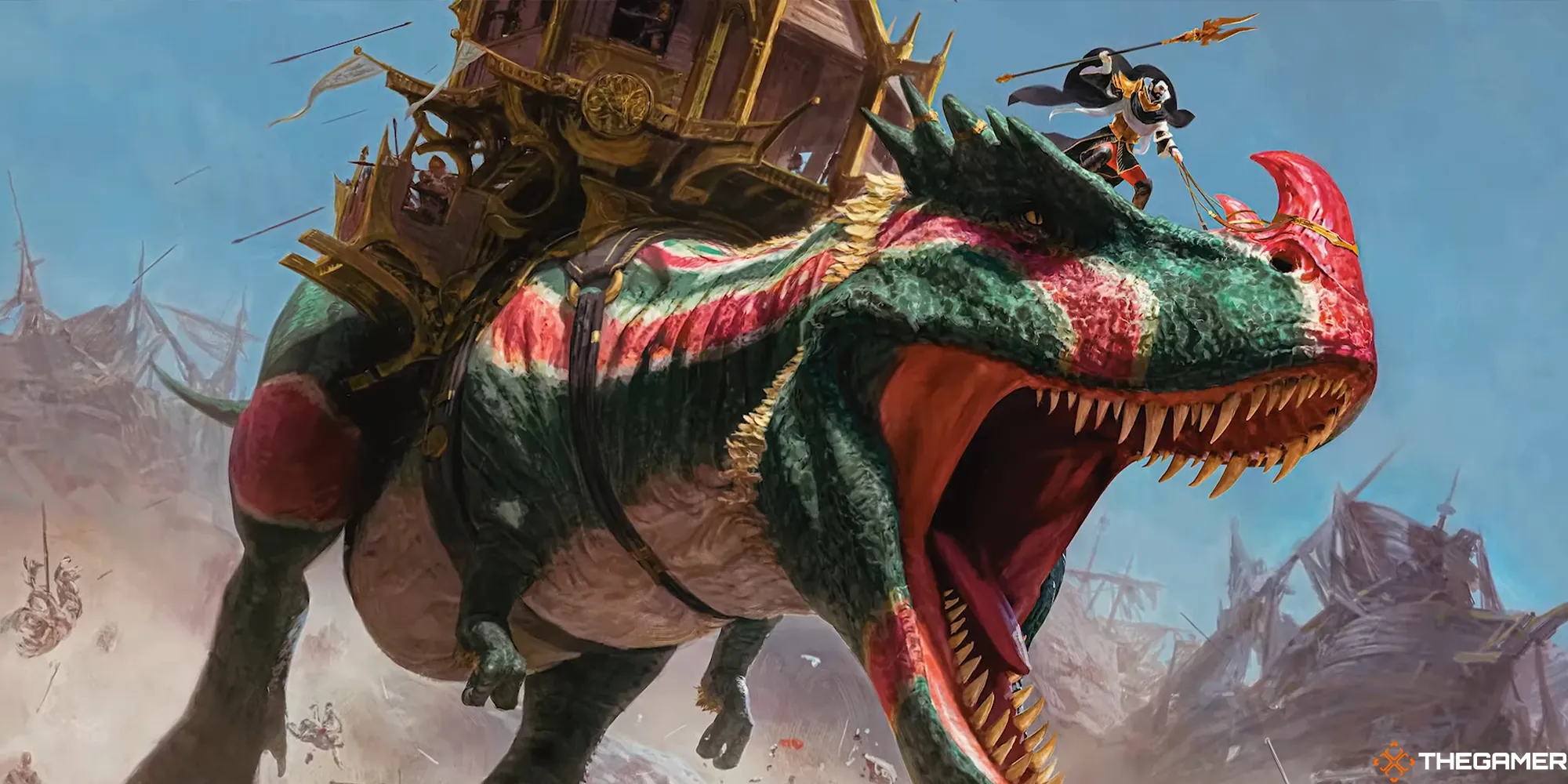 Un conquistador vampiro a cavallo di un dinosauro in MTG