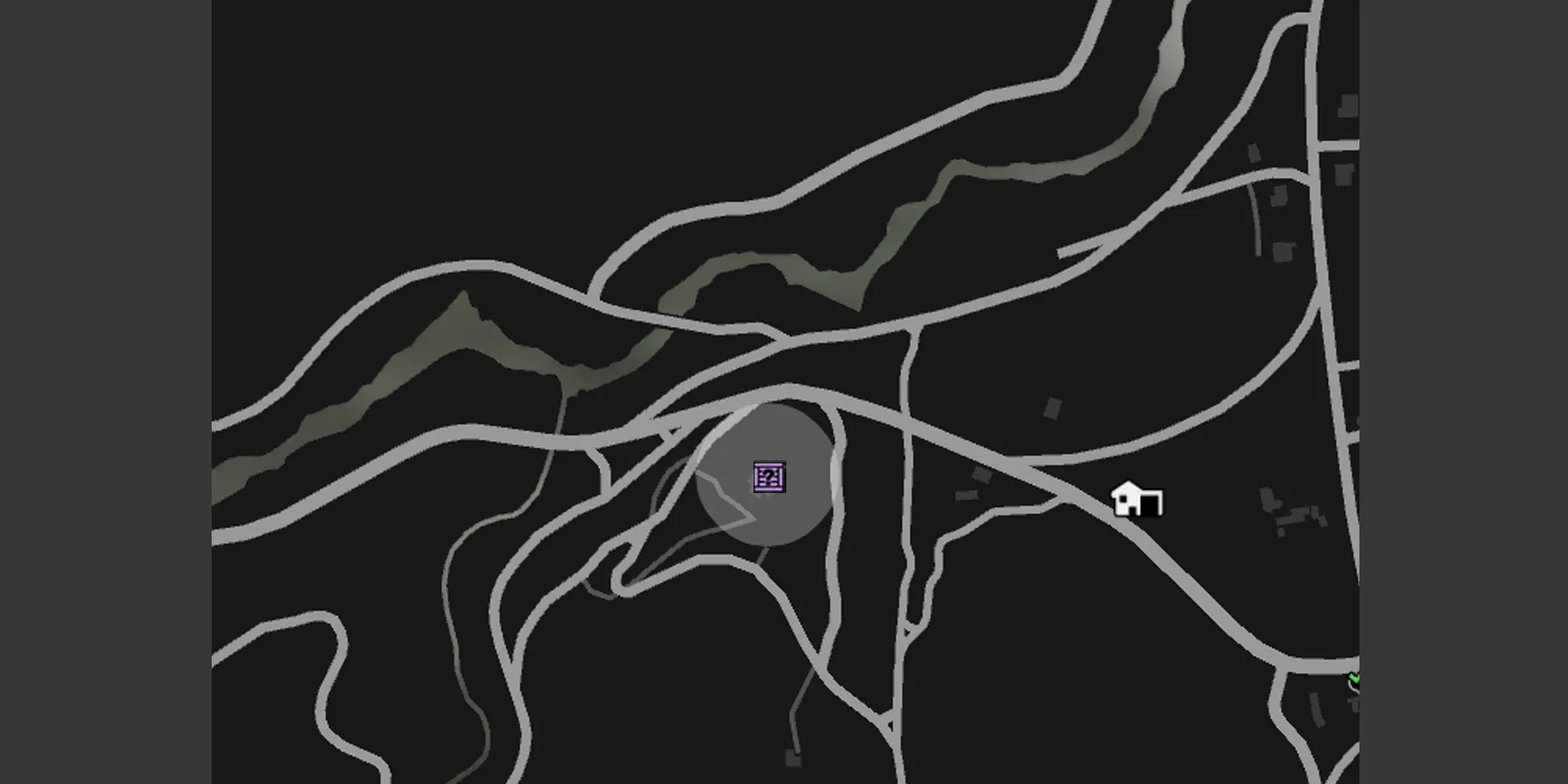 画像は、GTA Onlineの地図上のヒルバレー教会を示す灰色の円と紫色のG's Cacheの木箱のアイコンが表示されています。