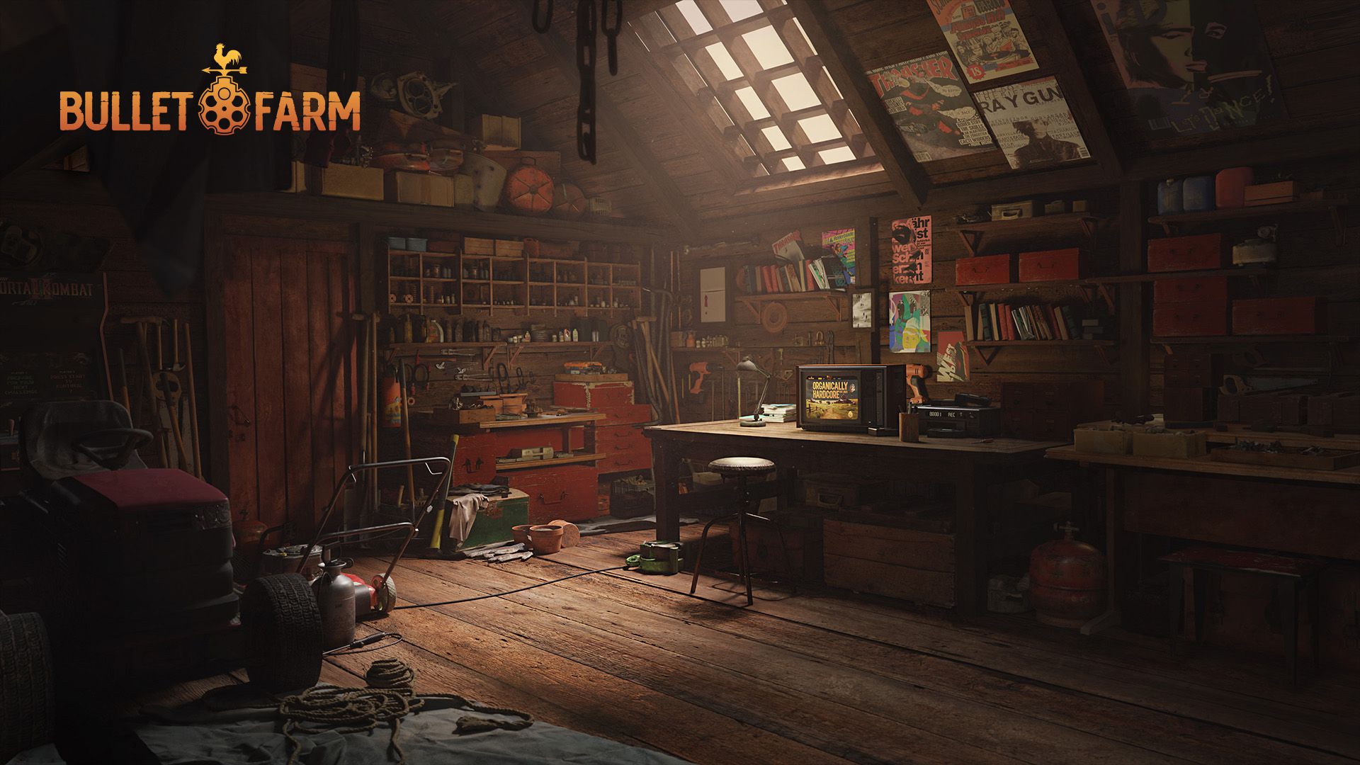 Artwork showing the interior of a barn, which is filled with tools, machinery, a TV, and books and magazines, with the BulletFarm logo in the upper left
