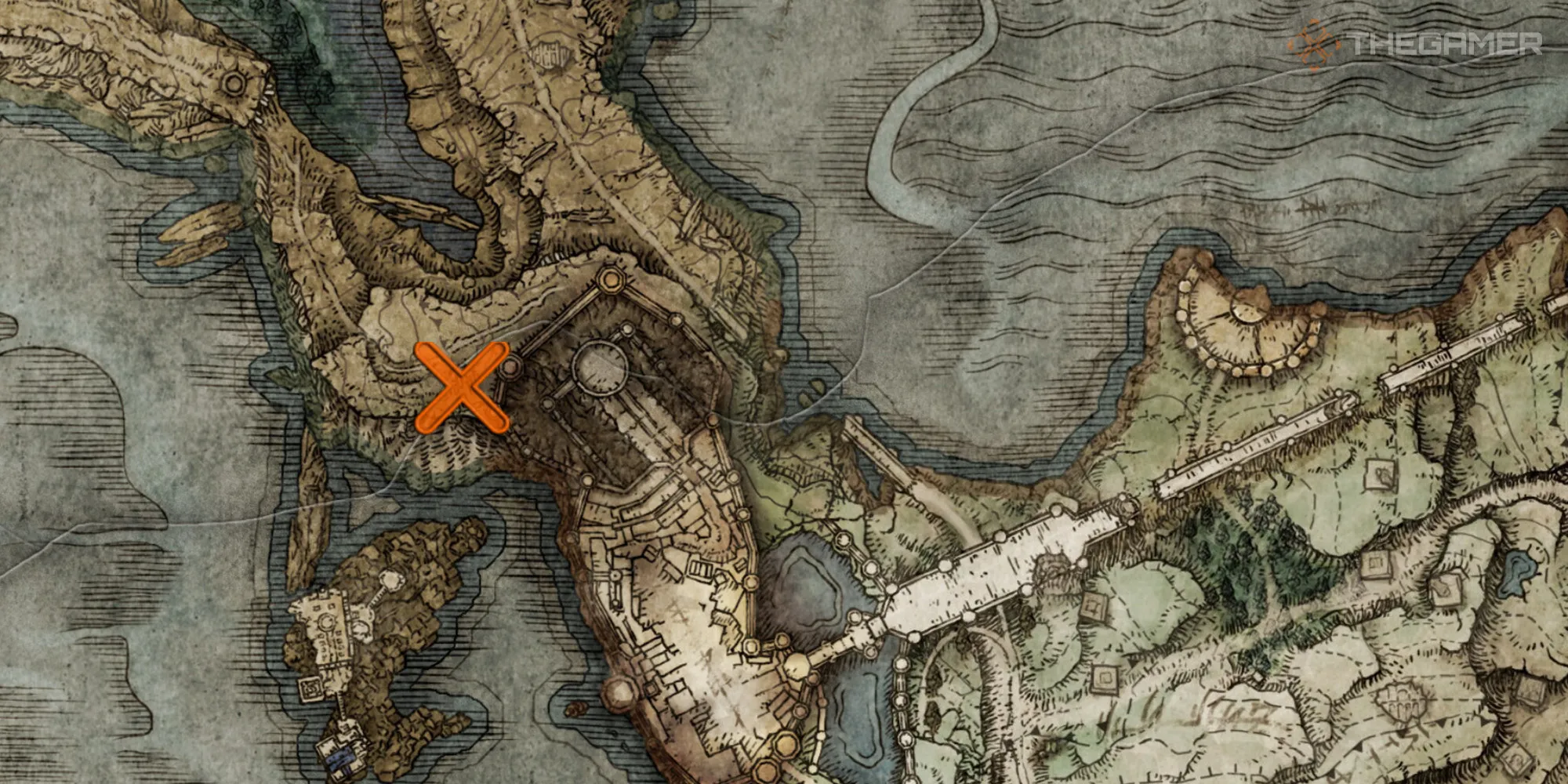 在《埃尔登环》中显示利尔尼亚伊丽丝教堂内术士索普斯的位置的地图