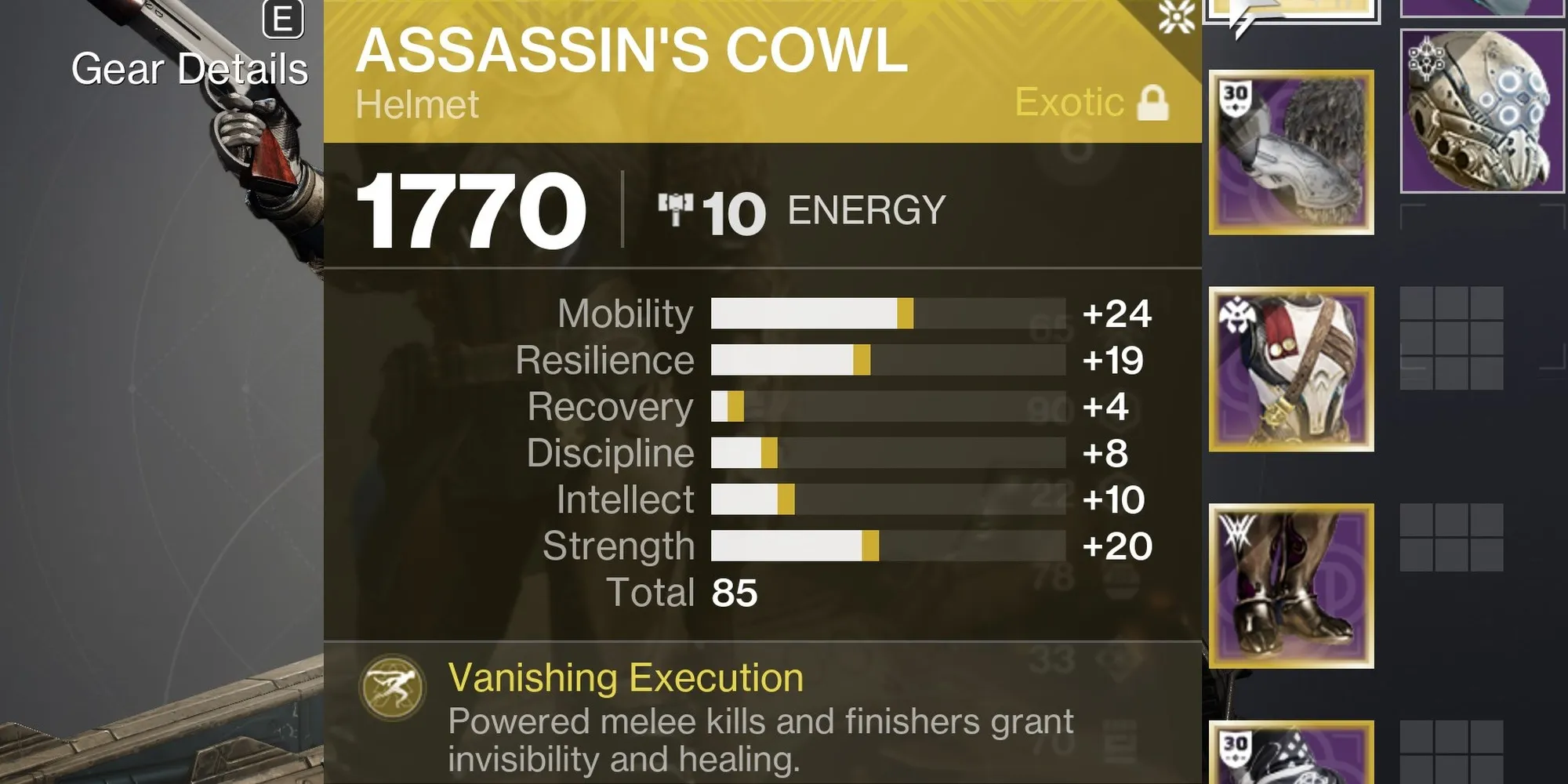 Destiny 2 Presentazione delle statistiche di Assassin's Cowl