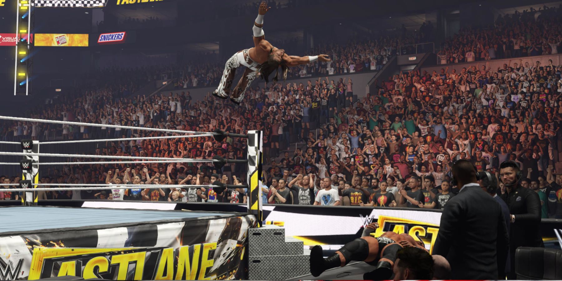 WWE 2K24 Shawn Michaels hitting the moonsault finisher
