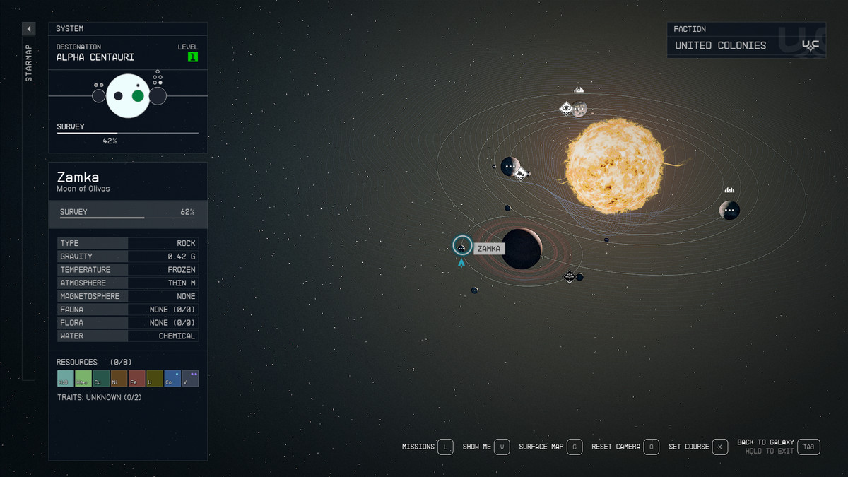 Captura de pantalla del sistema mostrando Zamka en Starfield