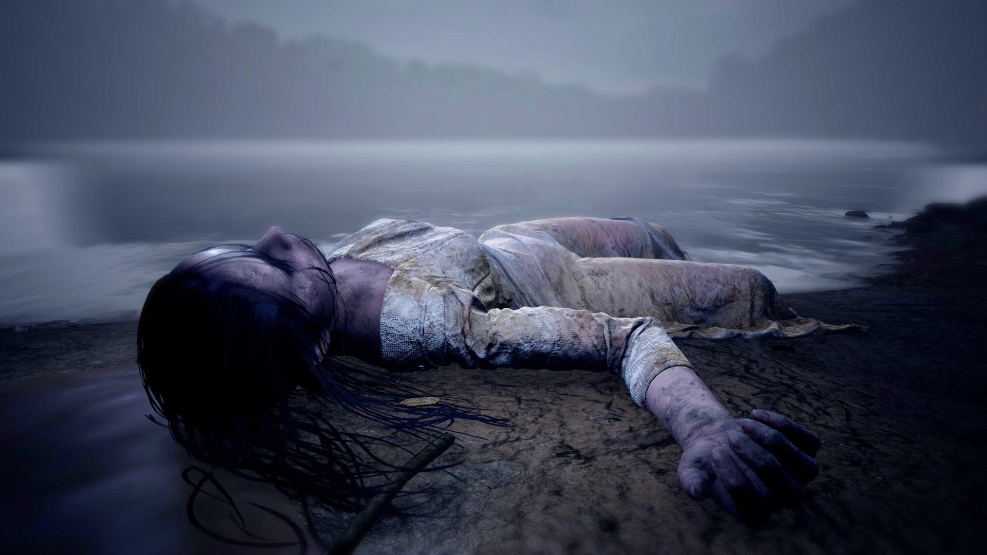 Скриншот из игры Martha is Dead, показывающий безжизненное тело на берегу озера