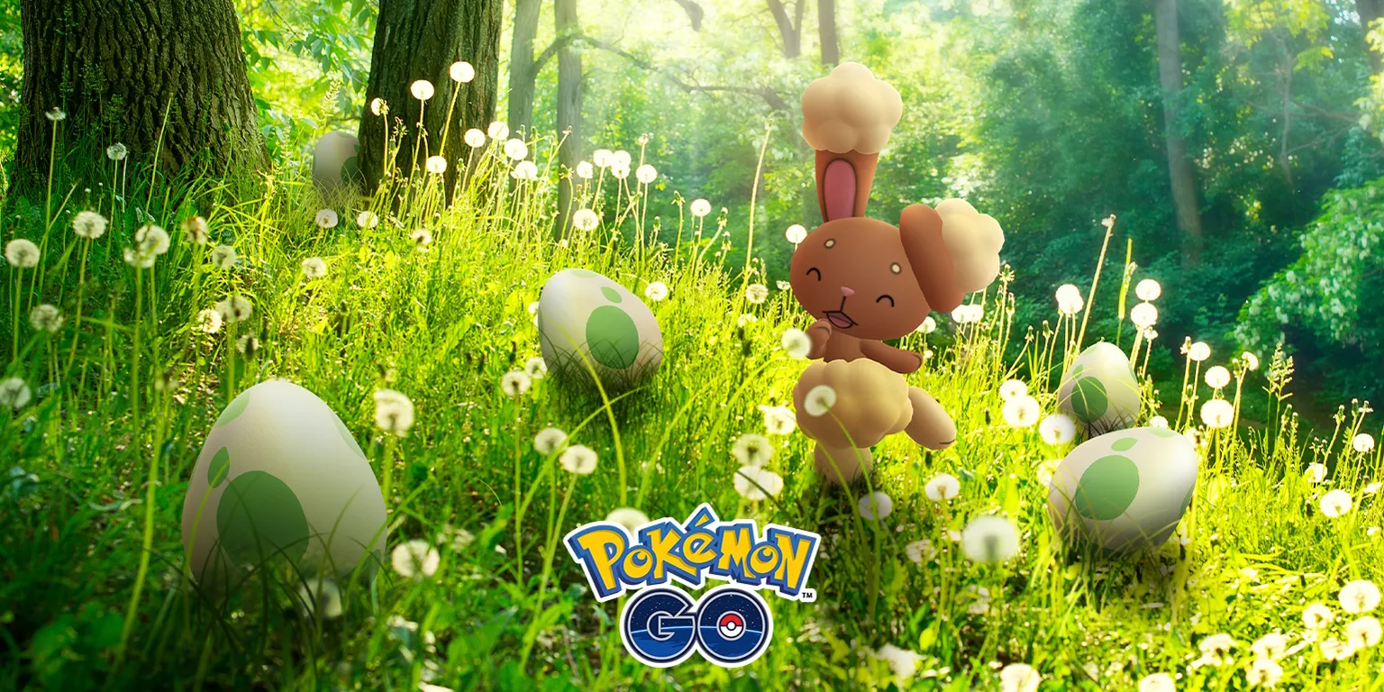 在一个长满草的地方，被四个不同的Pokemon Go蛋包围的Buneary