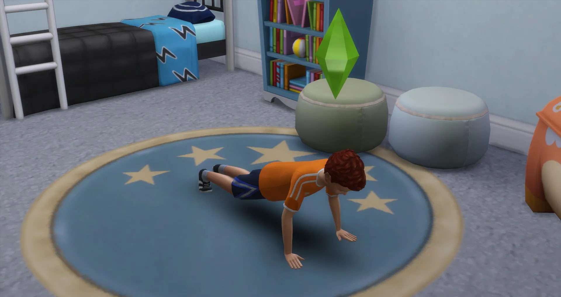 um Sim criança fazendo flexões em ambientes internos no The Sims 4 habilidades motoras