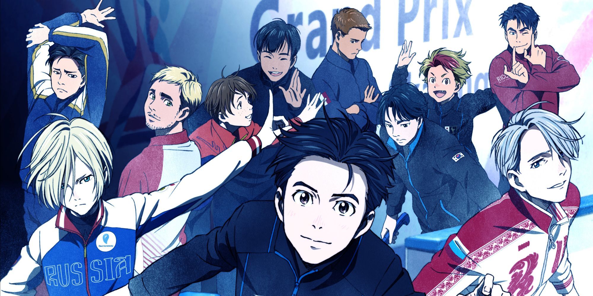 The main characters from Yuri!!! on Ice posing at the rink
