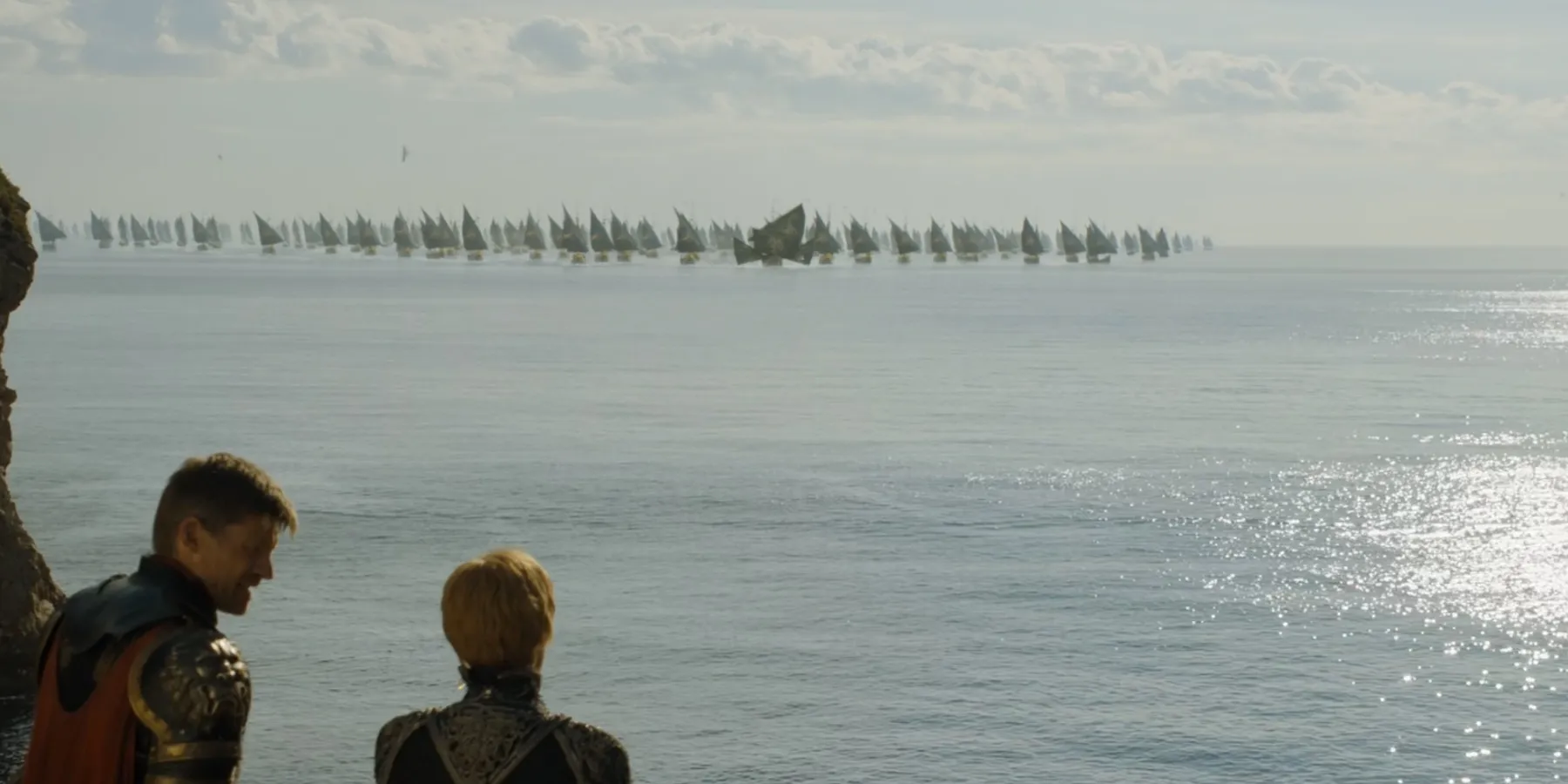 Jaime and Cersei Lannister watch the Iron Fleet’s arrival in Game of Thrones.