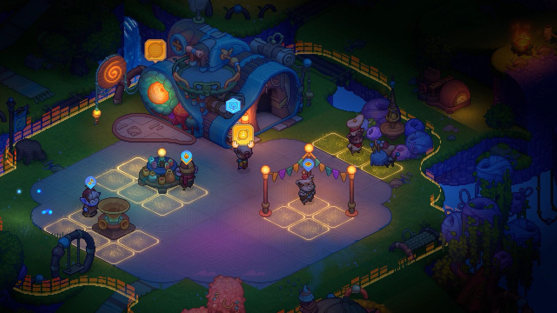 Une fête nocturne dans Bandle Tale: Une histoire de League of Legends, avec des stations installées pour que les invités se rassemblent et s'amusent.