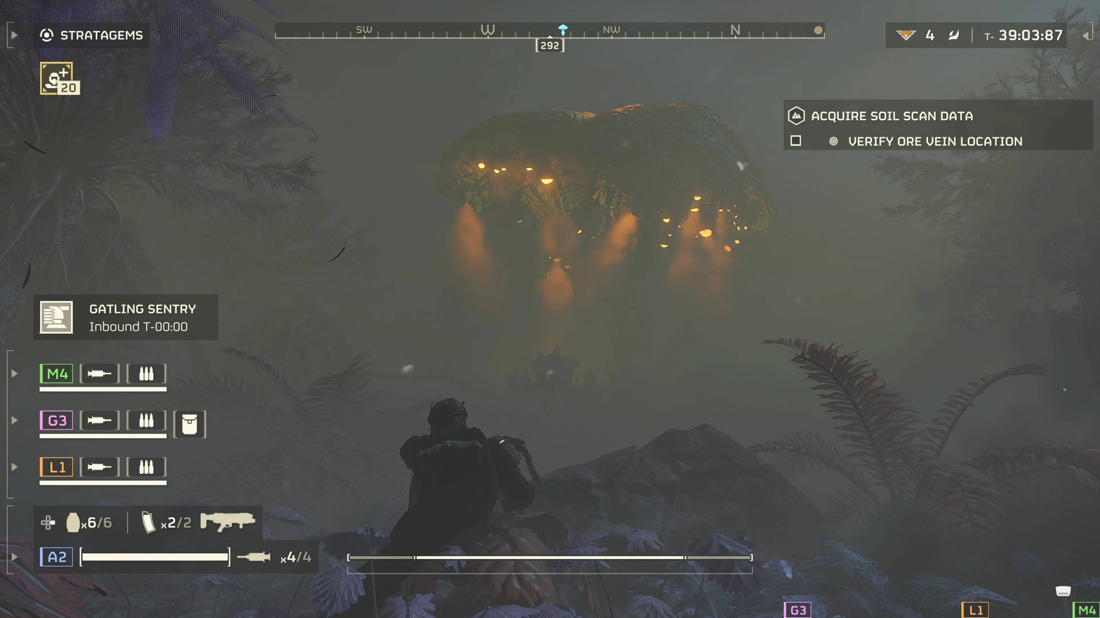 Player character crouching down with a Grenade Launcher and aiming it towards a Spore Spewer and Terminids in Helldivers 2.