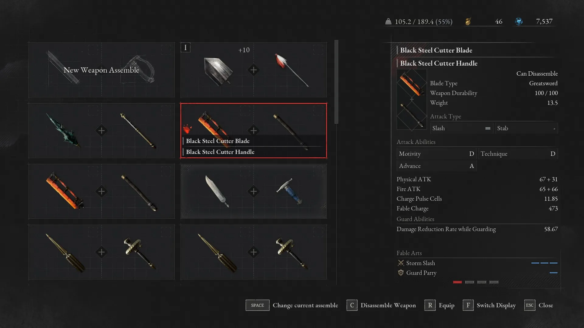 P looks at Black Steel Cutter in Weapon Assembly menu in Lies of P